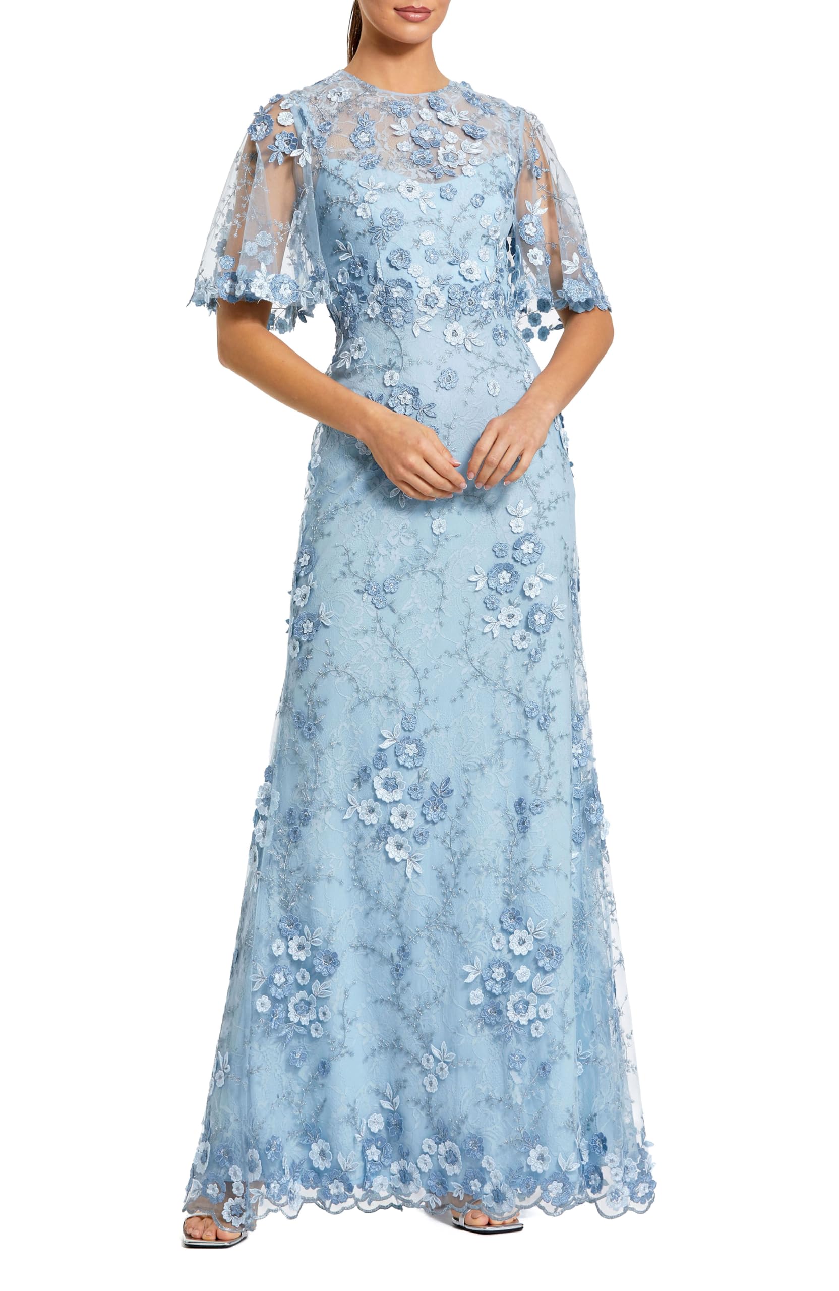 Flutter Sleeve Floral Emboridered Net Gown French Blue