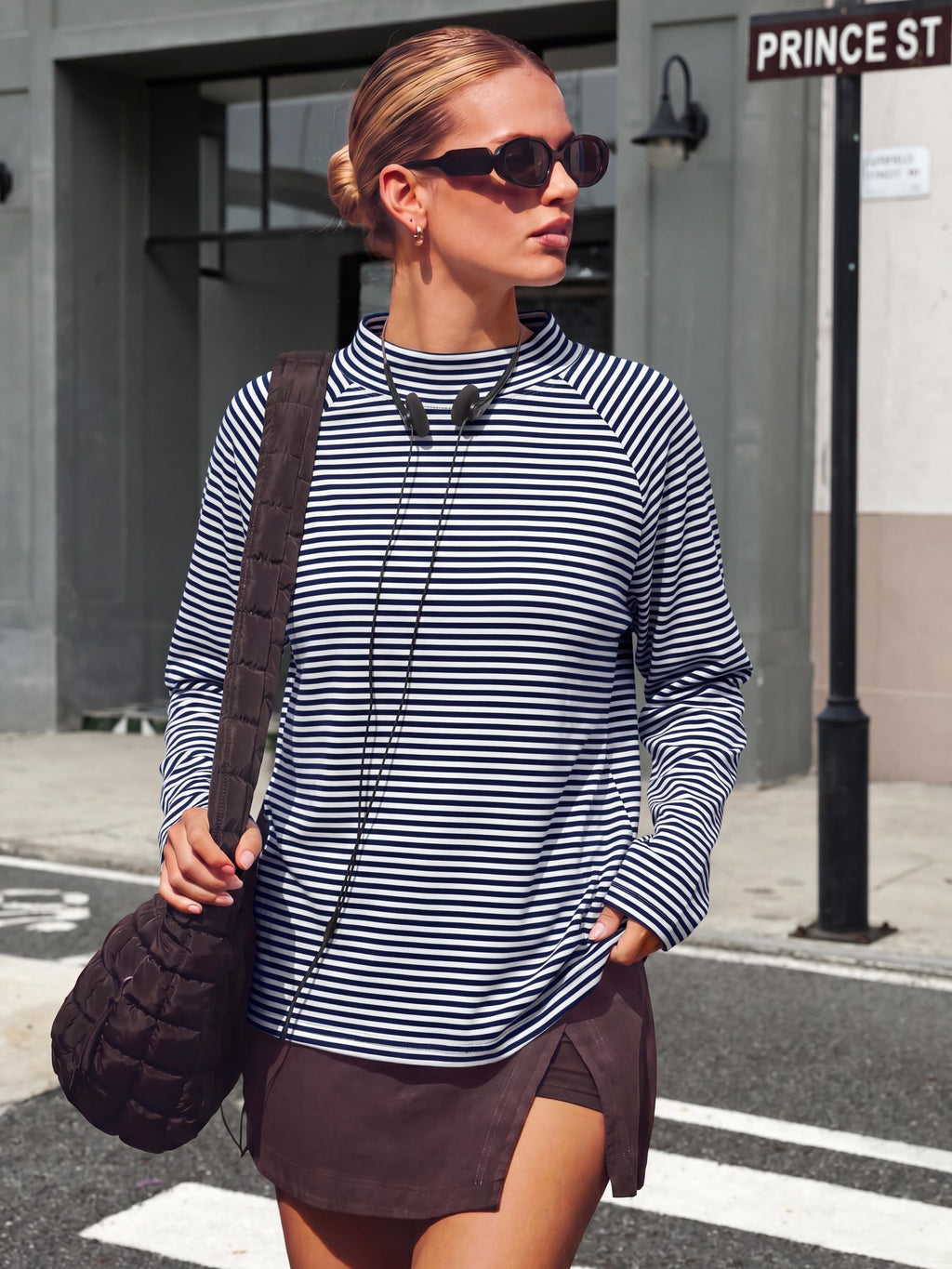 ANRABESS Women Mock Neck Long Sleeve Shirts Striped Top Navy Blue White L