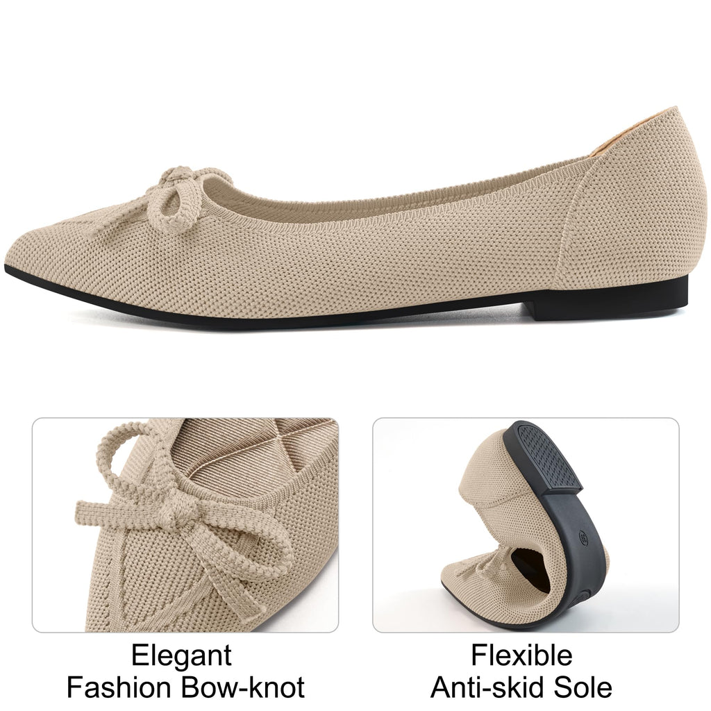 Ablanczoom Ballet Flats Shoes for Women: Dressy Pointed Toe Bow Knit Flats Comfortable Slip On Work Business Casual Shoes Beige