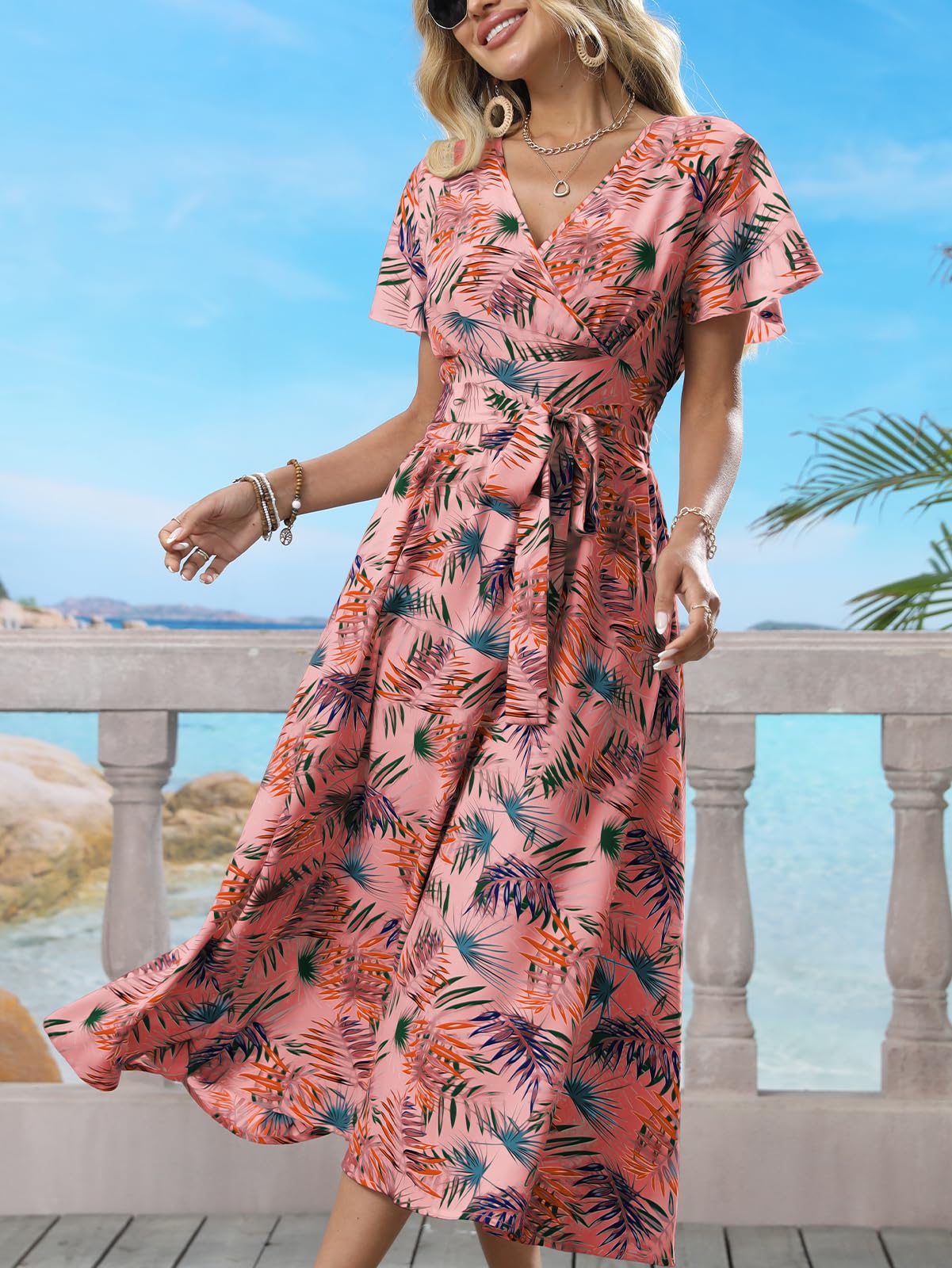 Women's Boho Summer Wrap Midi Dress - Palm Leaf Floral Print V-Neck Ruffle Short Sleeve Casual Beach Vacation Dress Size L Pink