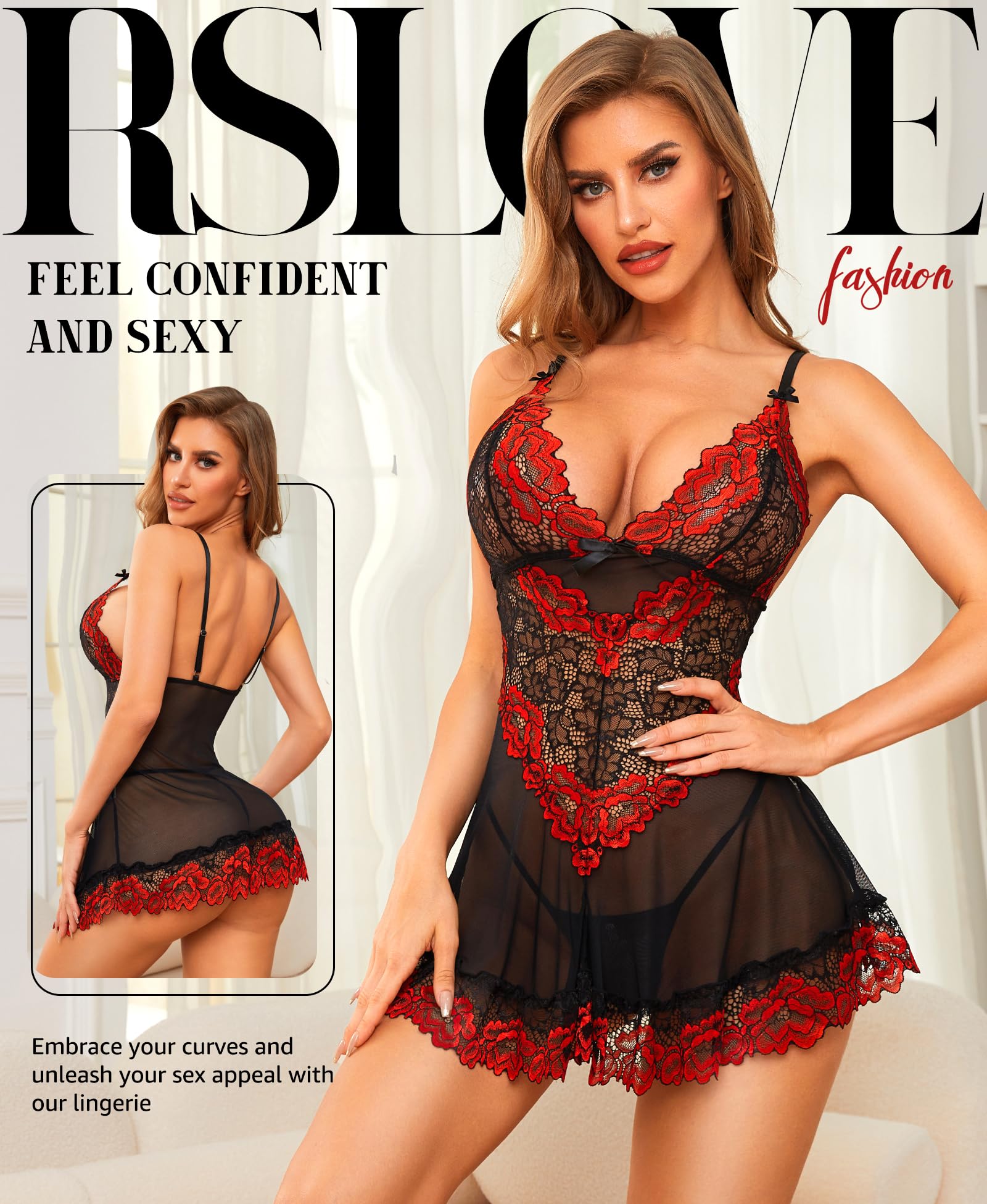 RSLOVE Lace Babydoll Lingerie for Women - Sexy Chemise V Neck Sleepwear Mesh Nightgown Strap Boudoir Nightwear Outfits Black&Red S
