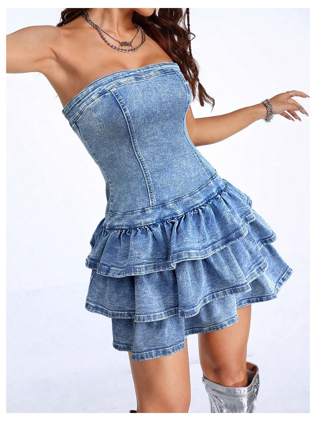 WDIRARA Women's Strapless Layered Ruffle Denim Dress Bandeau Slim Fit Mini Dresses Light Wash X-Small