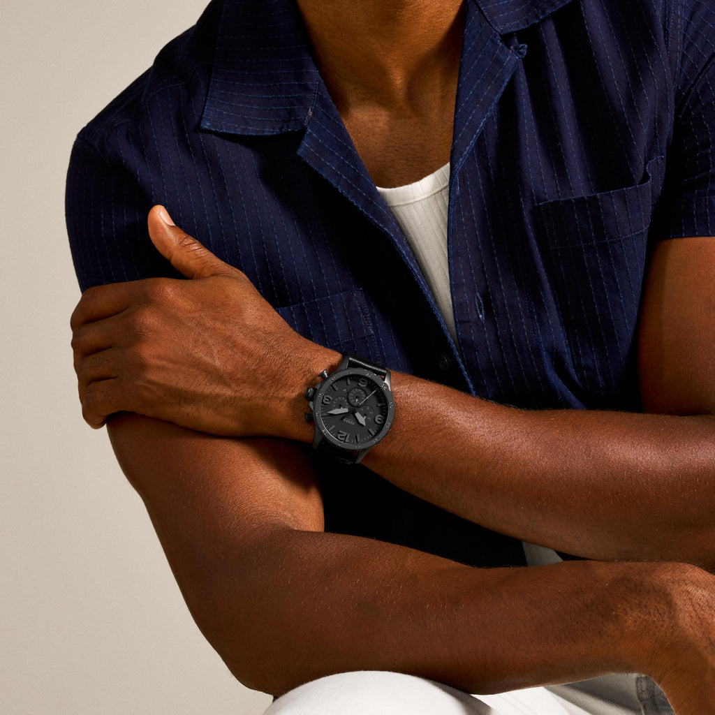 Fossil Men's Nate Quartz Watch, Stainless Steel and Leather Chronograph Watch for Men, Color: Black