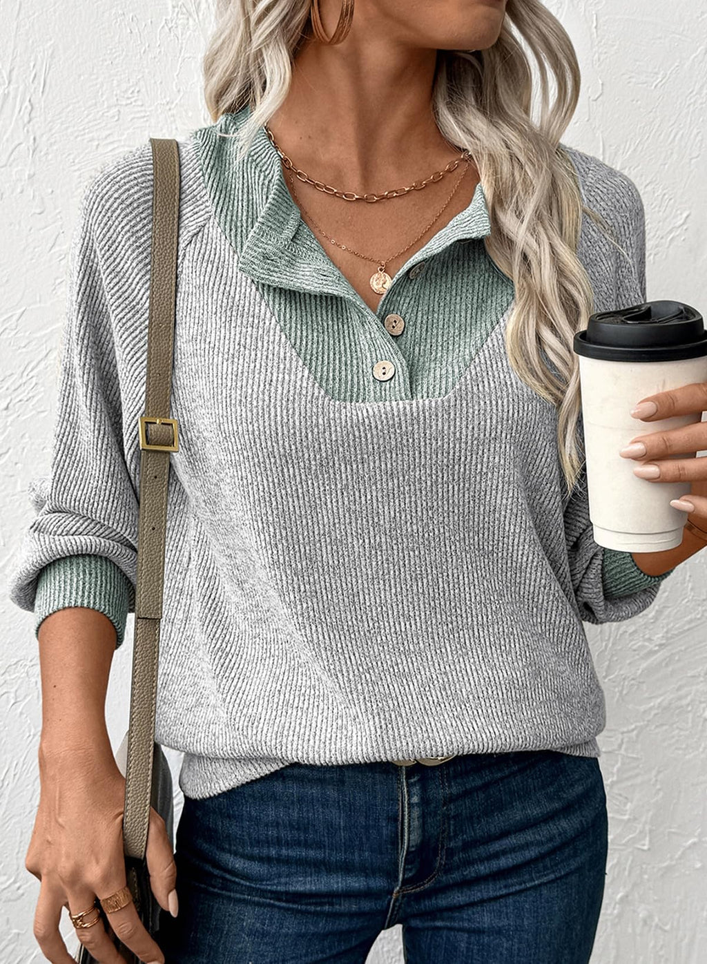EVALESS Womens Spring Fashion 2026 Long Sleeve Shirts Patchwork Button Up V Neck Sweatshirt for Women Casual Trendy Pullover Teacher Outfits Tops Light Grey Medium