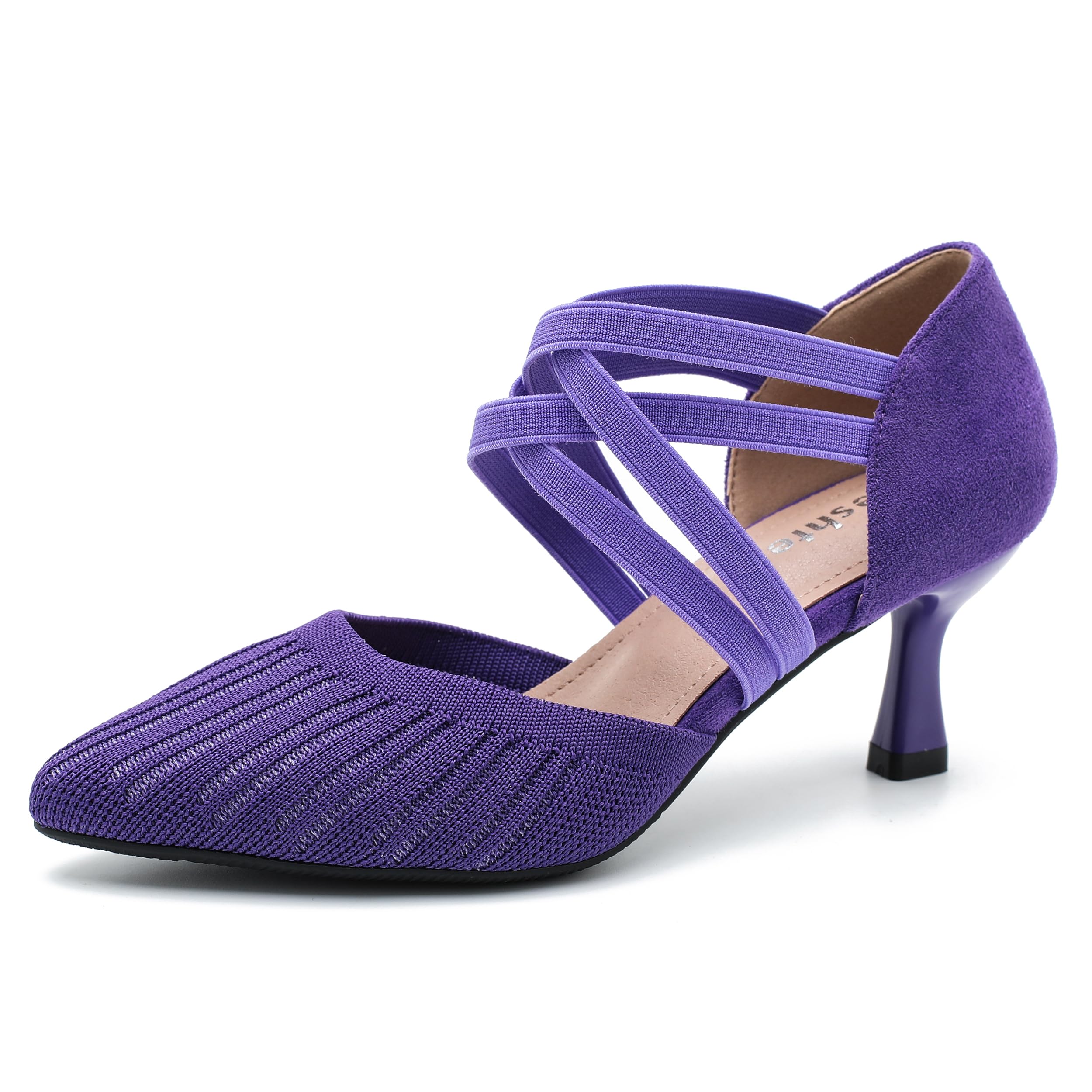 Women's Pointed Toe Kitten Heel Pumps, Elastic Cross Strap, Knit Slip On Dress Shoes Purple 40 - Insole Length: 25cm/9.84 inch - US 8
