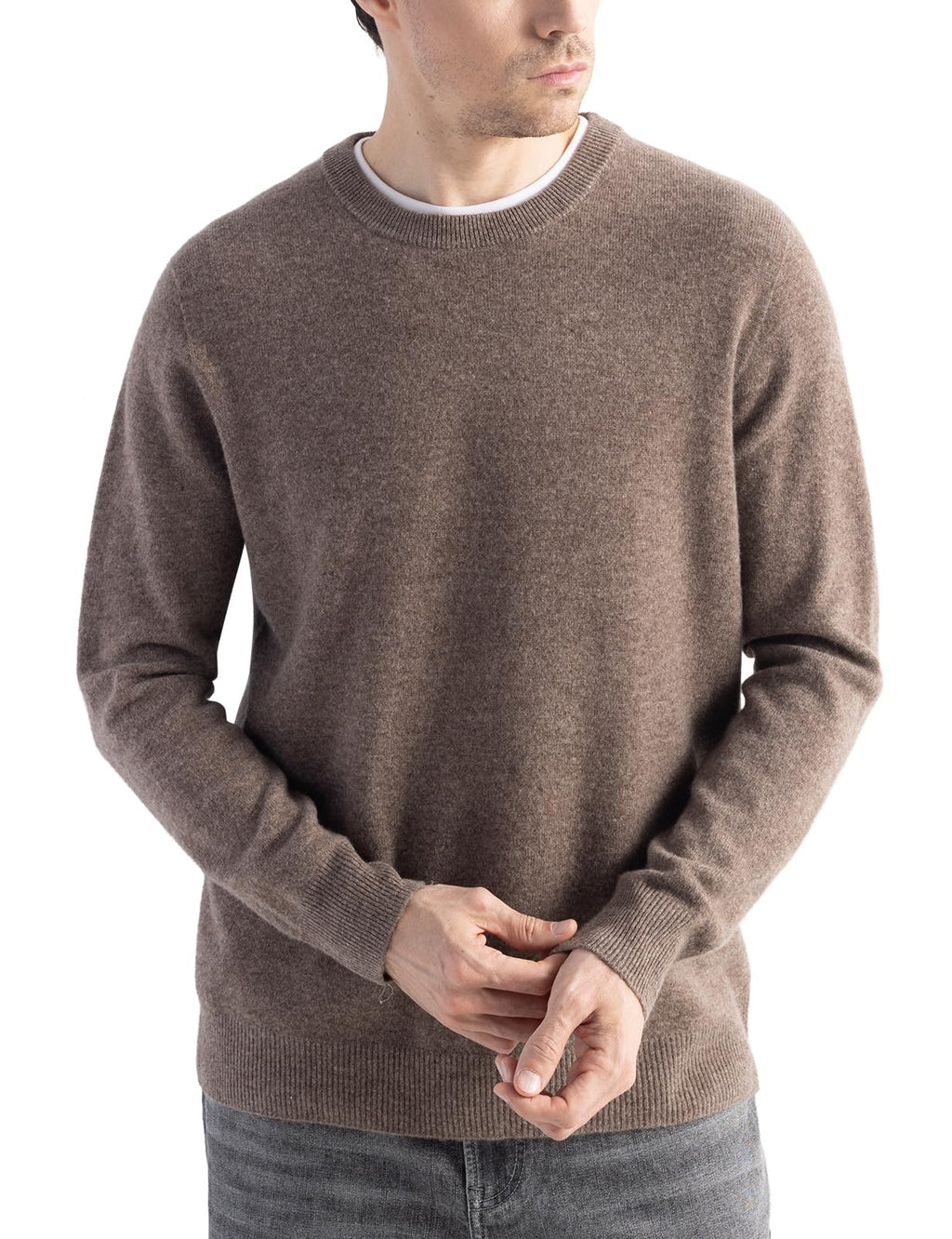 Chanyarn Men's 100% Merino Wool Sweater 2025 Fall Winter First-Line Ready to Wear Crew Neck Long Sleeve Seamless Knit Sweater (Brown,L)