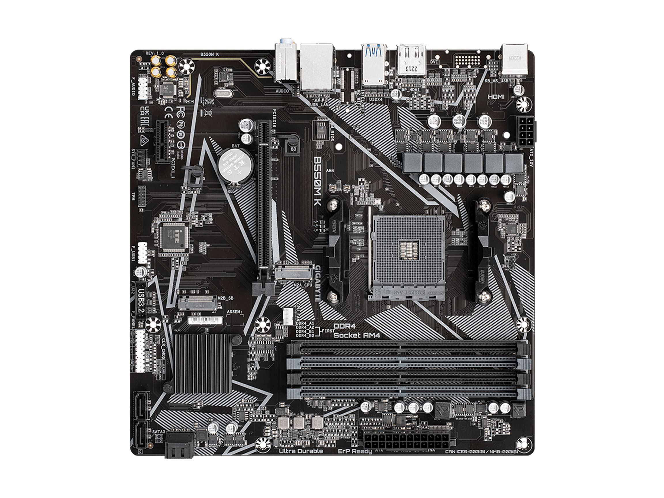 GIGABYTE B550M K AMD AM4 Micro-ATX Motherboard, Supports Ryzen 5000/4000/3000 Series Processors, DDR4, 3+3 Power Phase, 2X M.2, PCIe 4.0, USB 3.2 Gen 1, GbE LAN, Q-Flash
