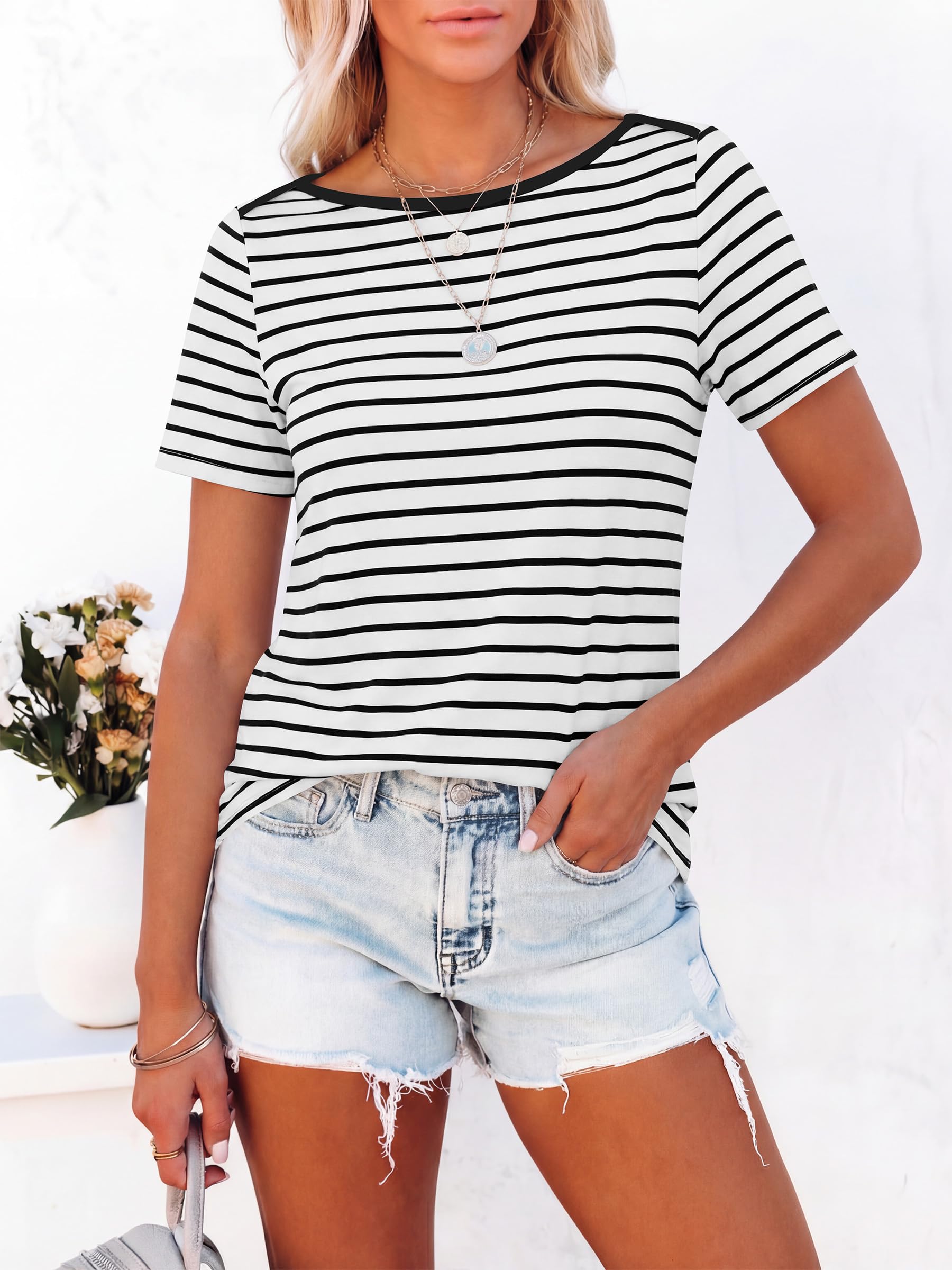 ANRABESS Womens Boat Neck Tops Short Sleeve T-Shirts Causal Fashion Tee Shirts 2026 Summer Spring Clothes Black White Stripe Medium