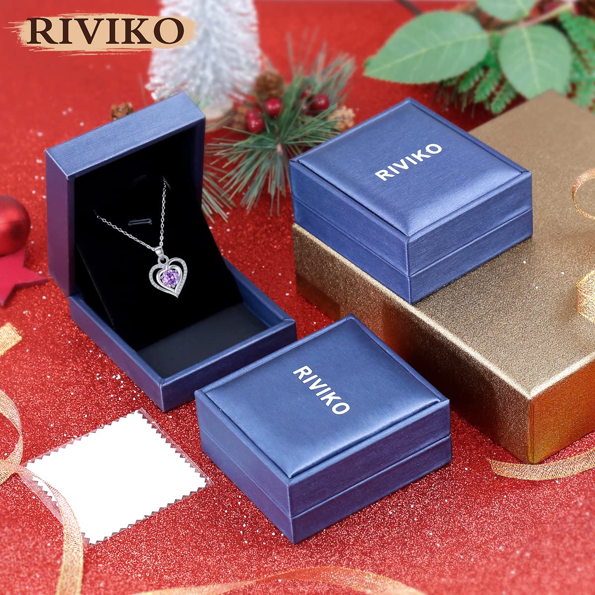 RIVIKO Heart Birthstone Pendant Necklace for Women 925 Sterling Silver Zirconia February Necklaces Christmas Valentine's Day Mothers Day Jewelry Gifts For Her Mother Wife