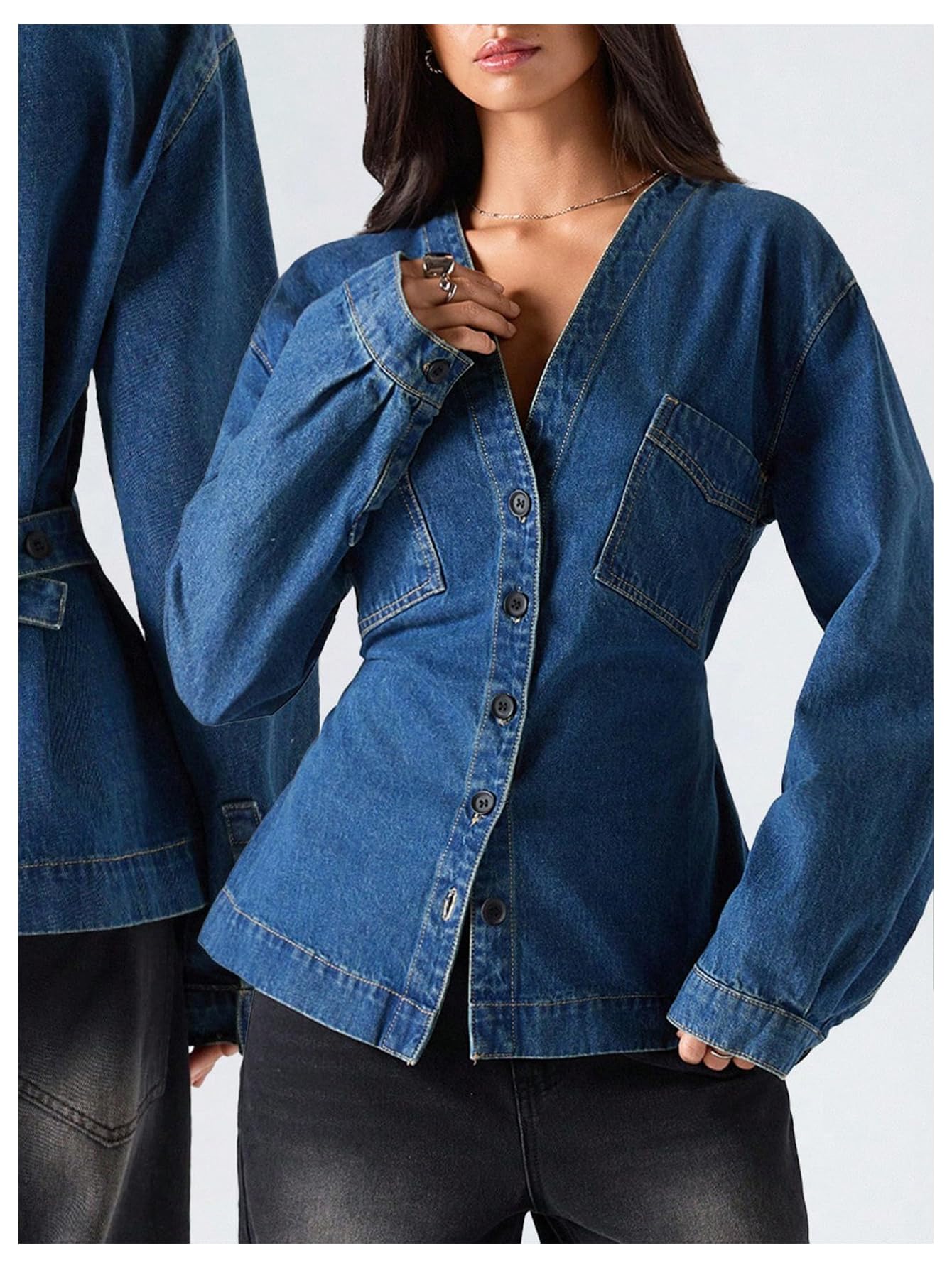 WDIRARA Women's V Neck Button Down Jean Jackets Waist Long Sleeve Denim Jacket Outerwear Blue X-Large