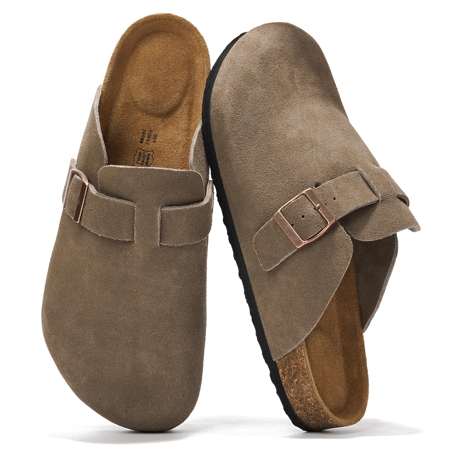 Project Cloud Mens Clogs - 100% Full Grain Genuine Leather Clogs for Men with Memory Foam Insole and Arch Support Natural Cork Footbed - Non Slip Mules Mens Slippers (Brooklyn, TAUPSUEDE, 11)