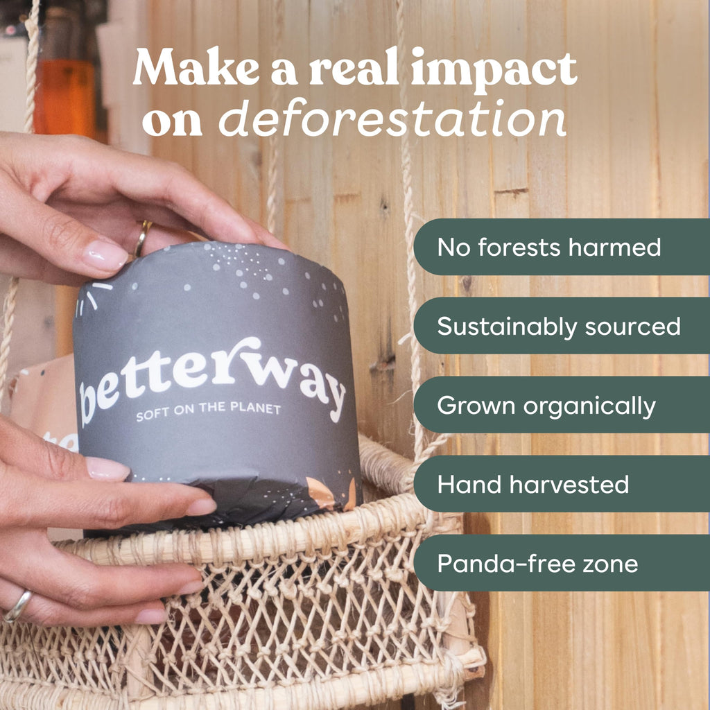 Betterway Bamboo Toilet Paper 3 Ply - Sustainable Toilet Tissue - 12 Long-Lasting Rolls & 360 Sheets Per Roll - Septic Safe - Organic, Plastic & PFAS Free - FSC Certified