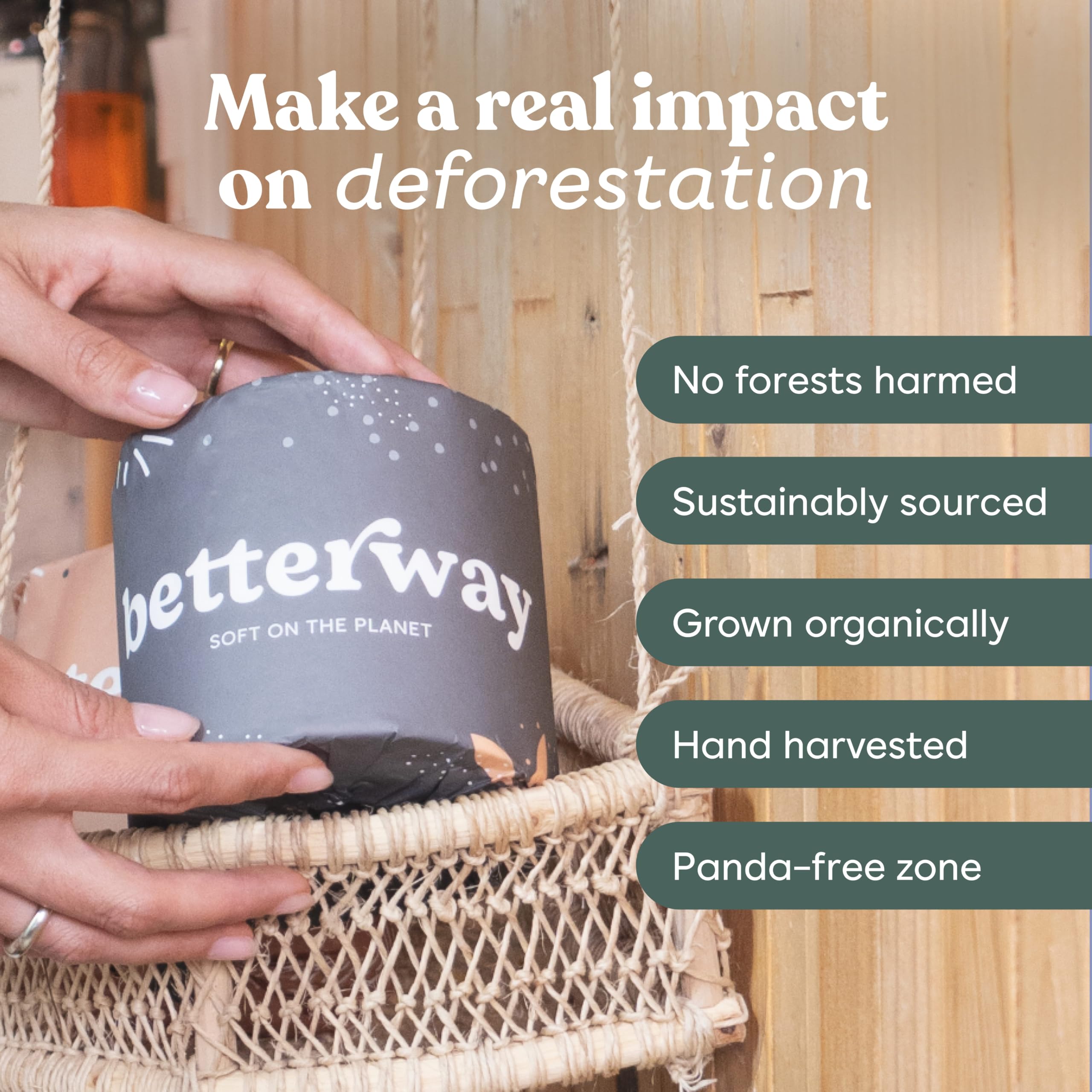 Betterway Bamboo Toilet Paper 3 Ply - Sustainable Toilet Tissue - 12 Long-Lasting Rolls & 360 Sheets Per Roll - Septic Safe - Organic, Plastic & PFAS Free - FSC Certified
