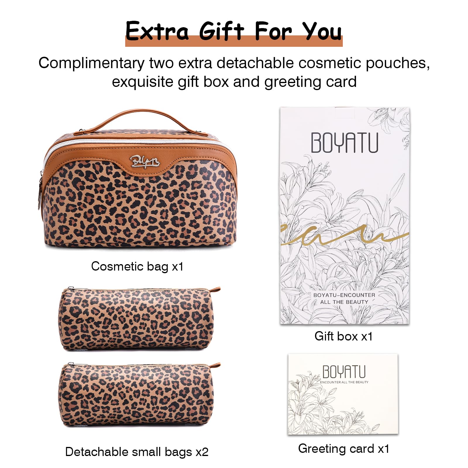 BOYATU Travel Makeup Bag Organizer: 3 Pcs Set Leopard Make up Bag for Women