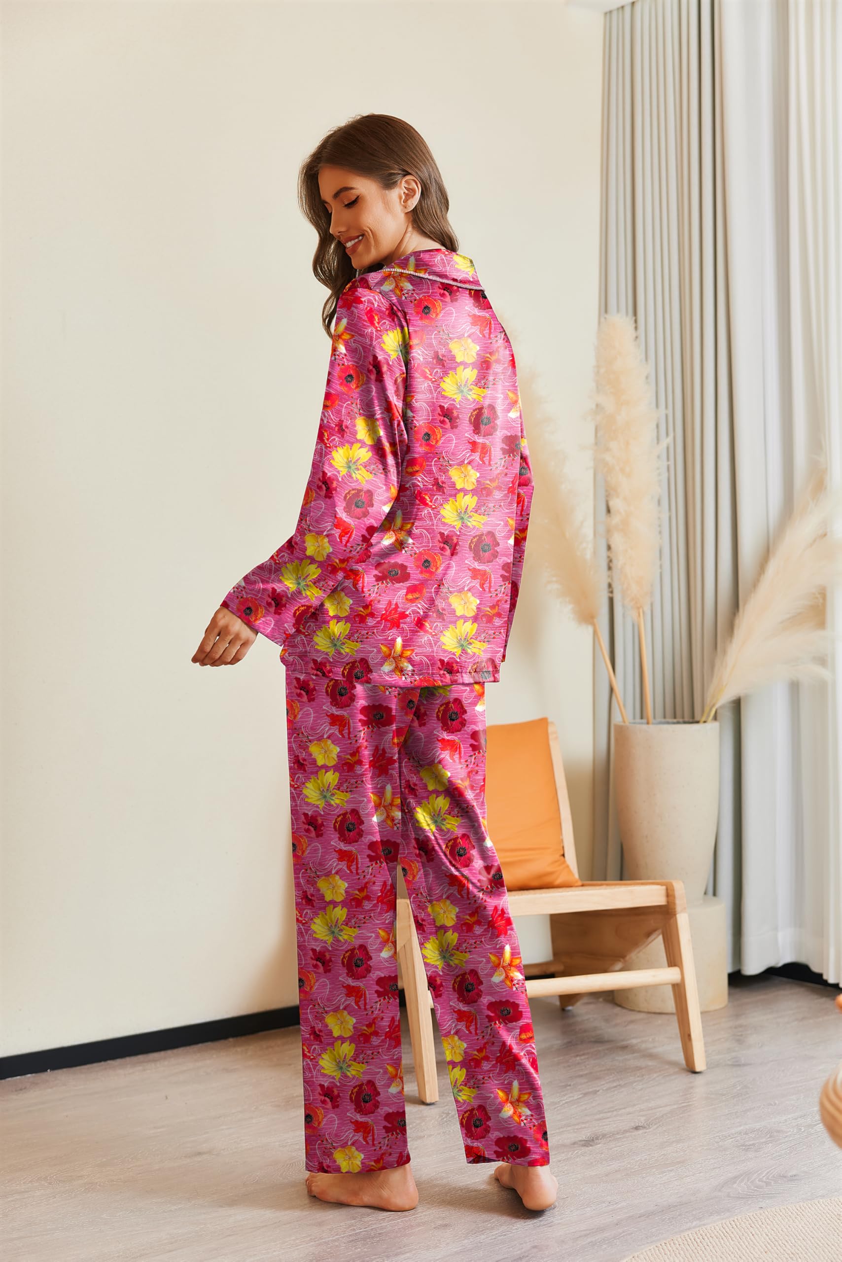 Ekouaer Pajamas For Women Set Silk Pjs 2 Piece Satin Sleepwear Long Sleeve Button Down Lounge Sets With Pant Rose Red Flower XXL
