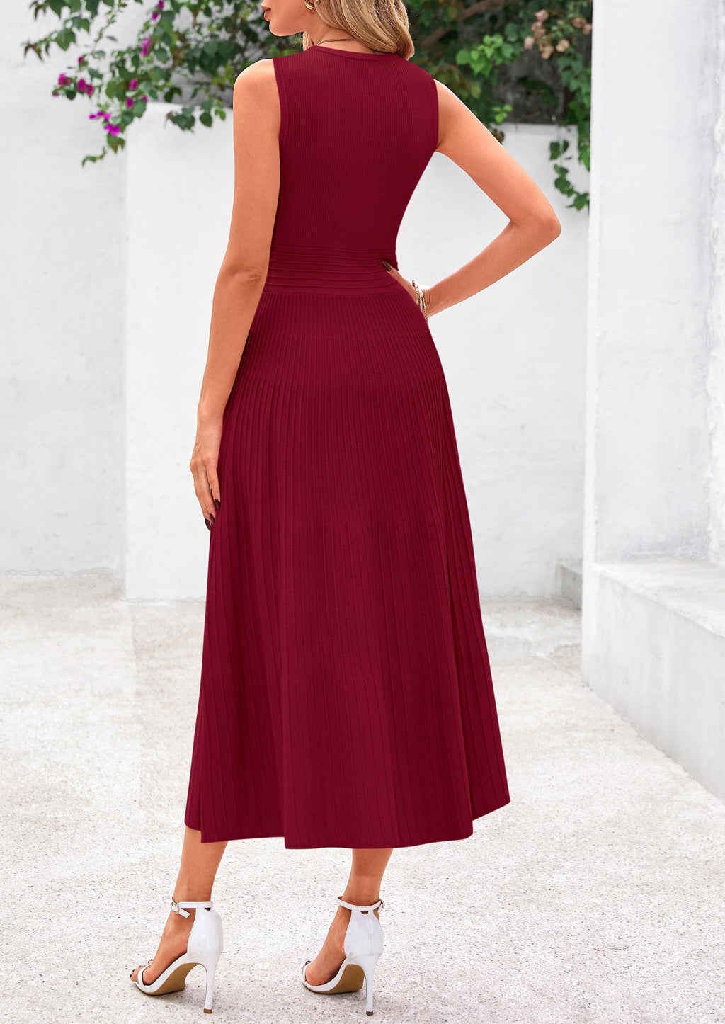 PRETTYGARDEN Spring Casual Dresses for Women 2026 Summer Business Work Midi Sleeveless A Line Pleated Cocktail Dress(Burgundy,Medium)