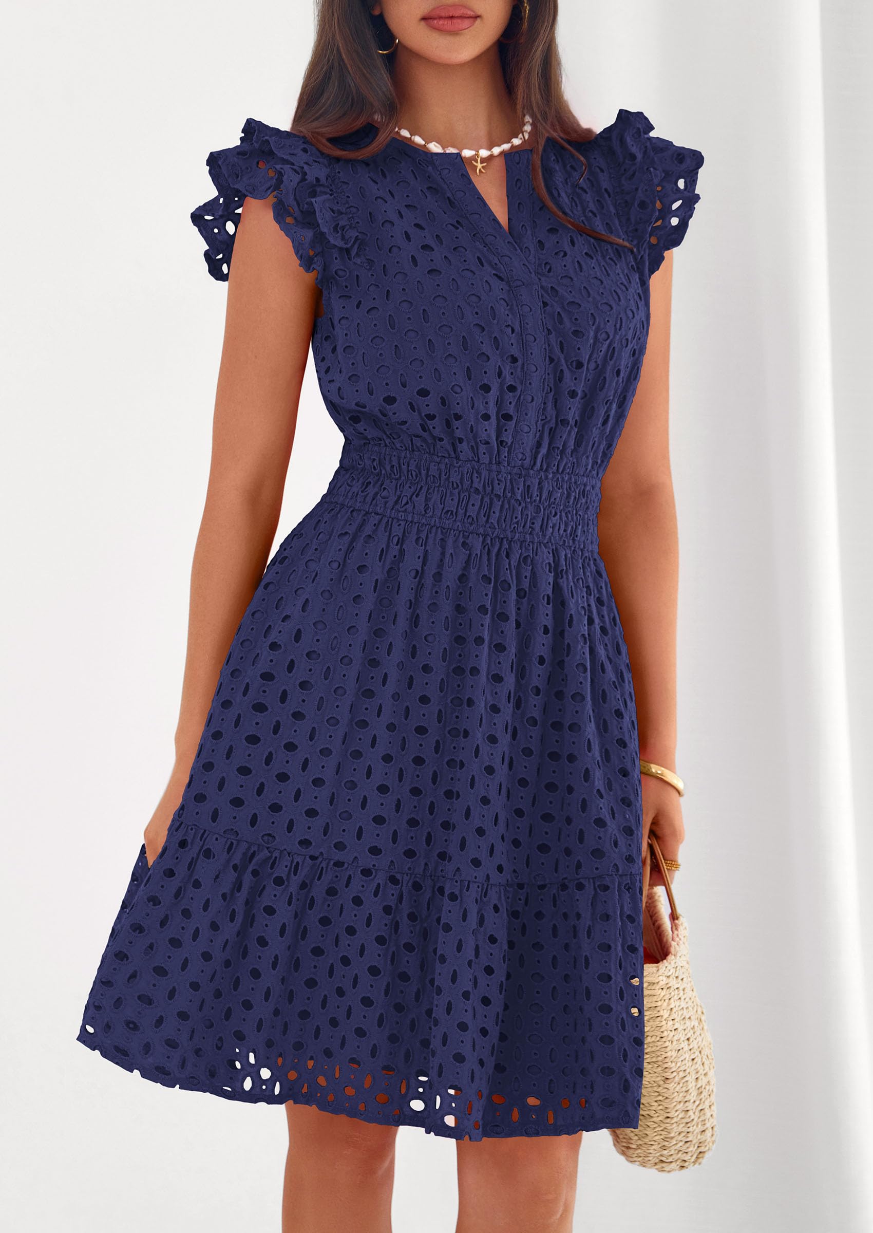 PRETTYGARDEN Women's 2026 Summer Sundresses Eyelet Cap Sleeve V Neck Short Boho Wedding Guest Dress Beach Vacation Clothes (Navy Blue,Large)