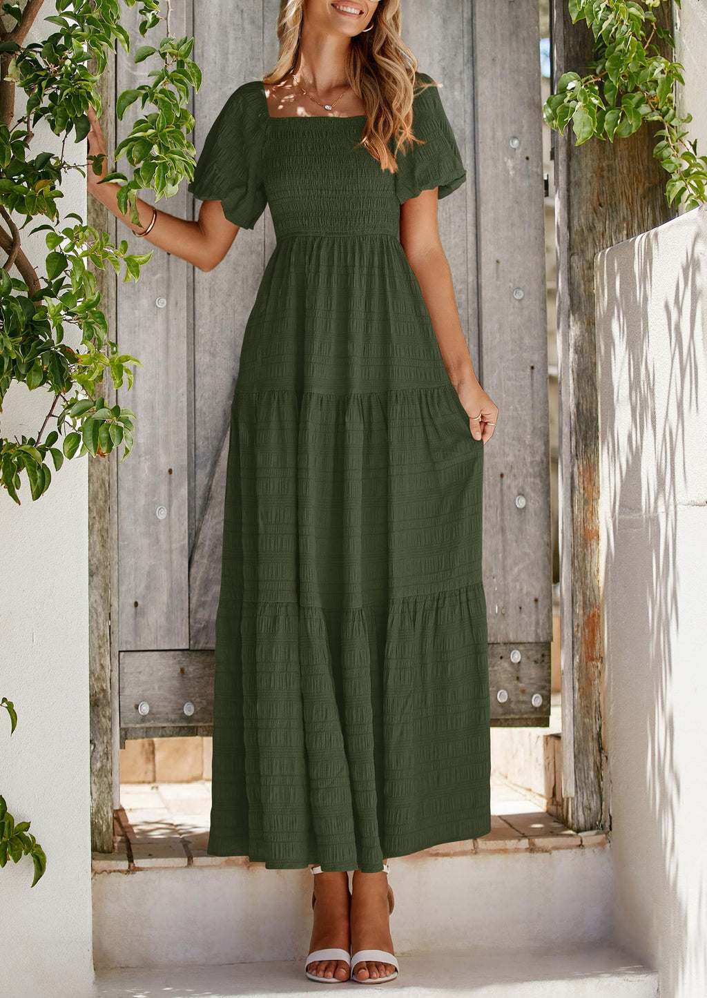 PRETTYGARDEN Womens Summer Puff Short Sleeve Maxi Dress Square Neck Smocked Tiered Ruffle A Line Long Flowy Beach Dresses (Army Green,Medium)