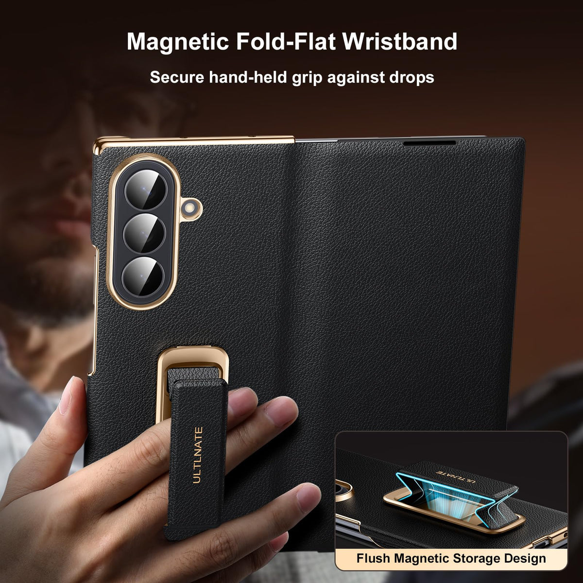 zifiuzem Magnetic Leather Flip Case for Samsung Galaxy Z Fold 8 Ultra with Rotating Stand & Wrist Strap - Full Coverage Shockproof Phone Cover 5G, Black
