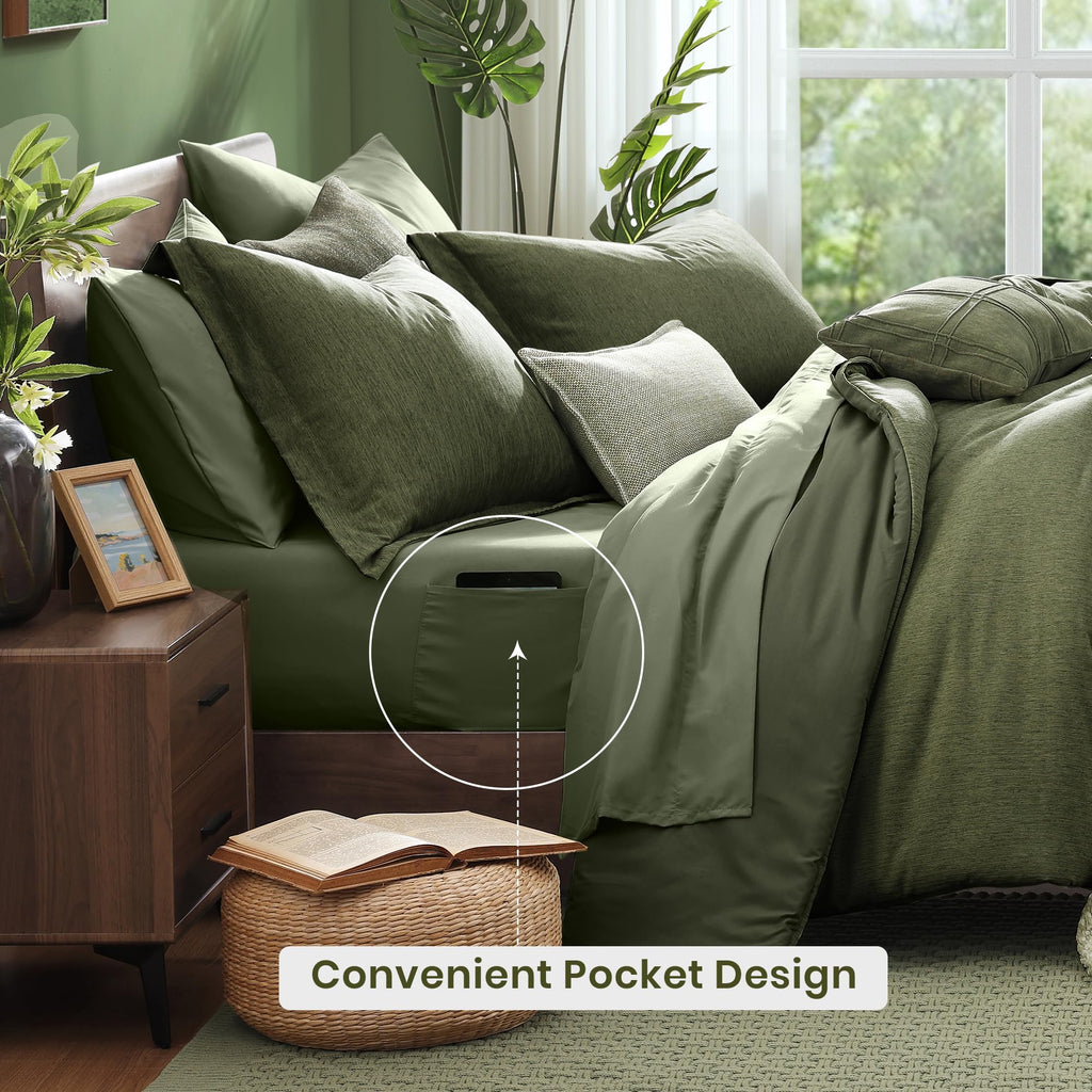 Monbix King Size Comforter Set, Olive Green King Bed Set Reversible, King Size Comforter Set 7 Pieces, Cationic Dyeing Bed in a Bag with Comforter, Sheets, Pillowcases & Shams