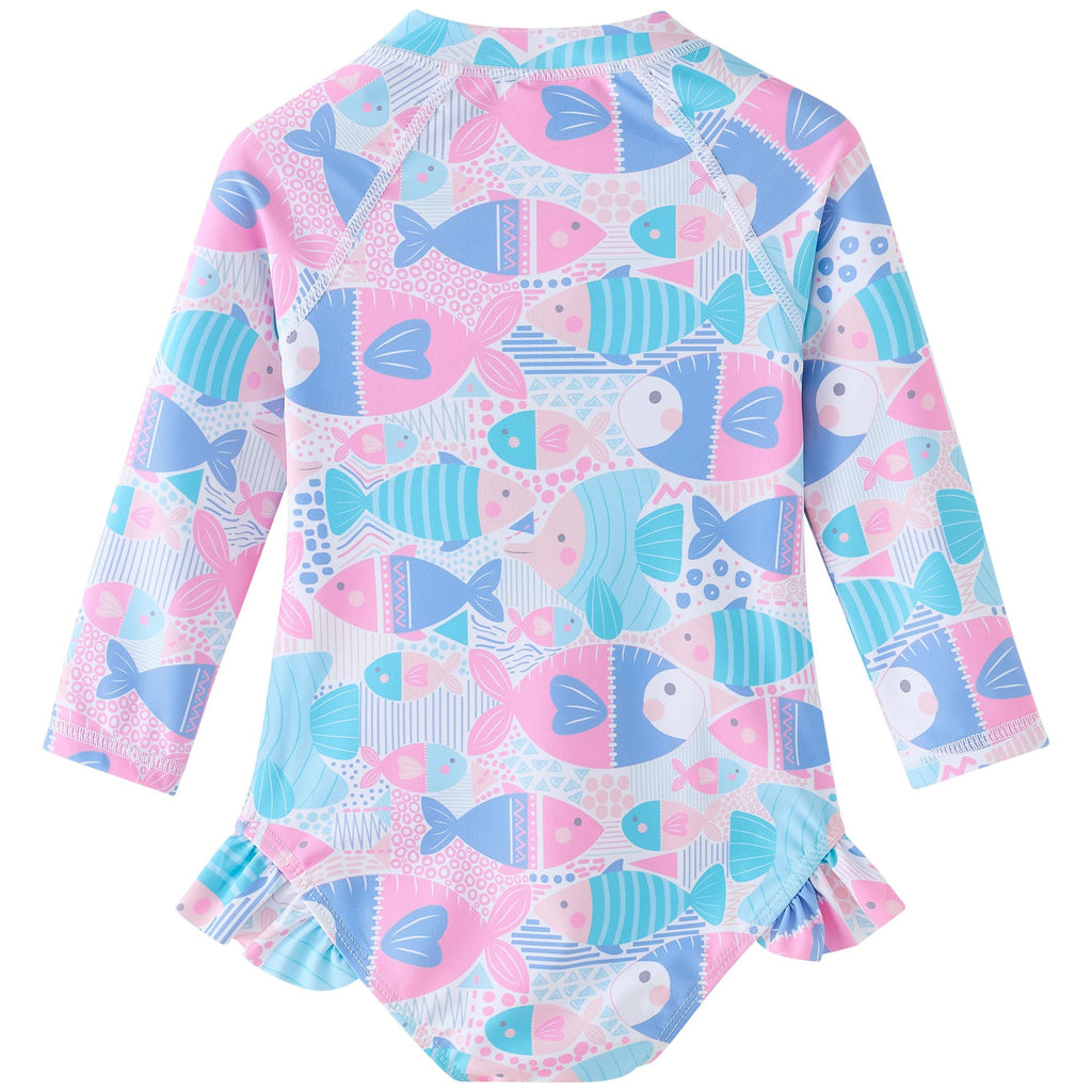 UMELOK Toddler Girls One Piece Swimsuit Long Sleeve Bathing Suit UPF 50+ Sun Protection Rash Guard Swimwear with Zipper Cute Fish,4T