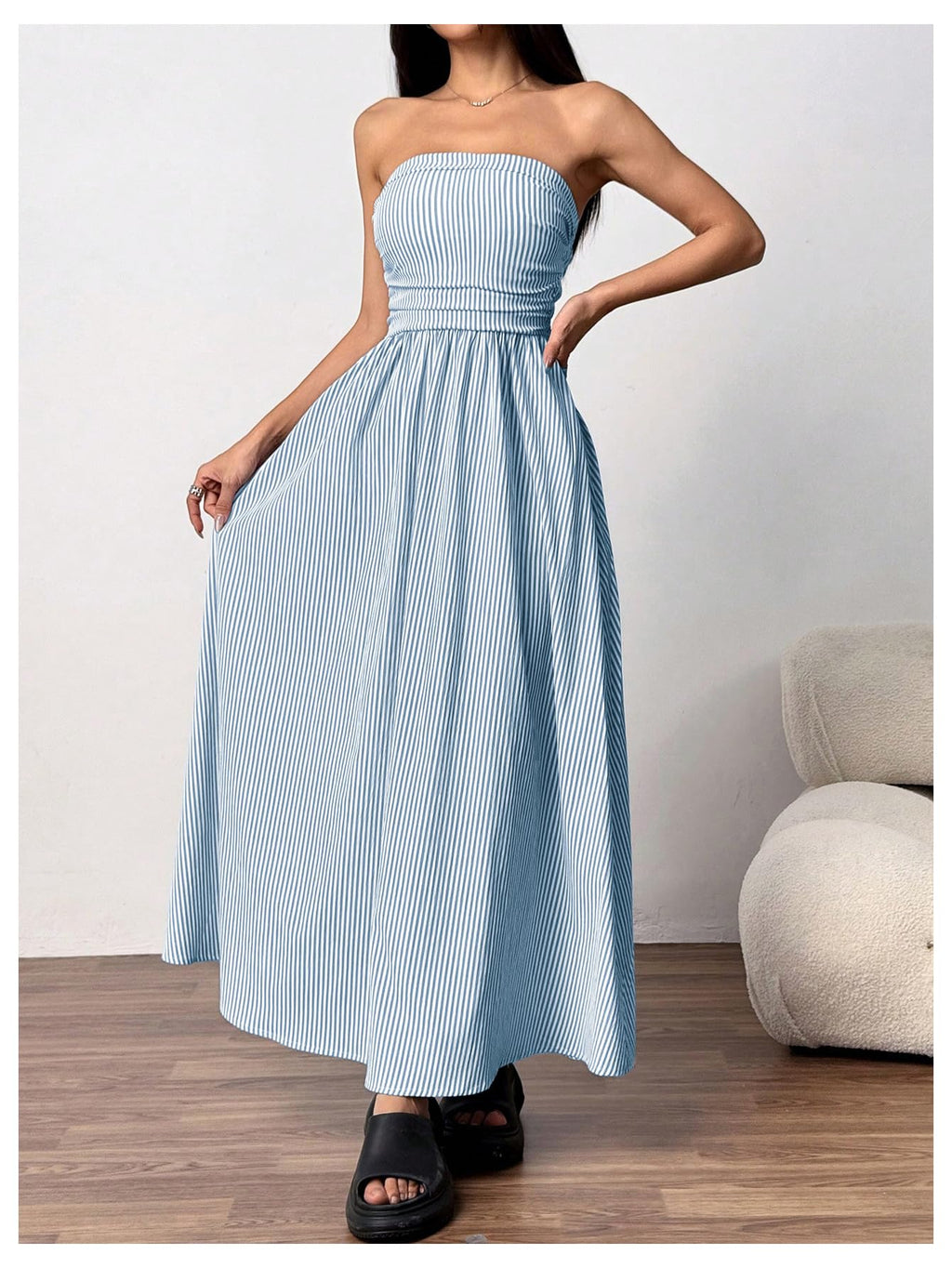 Milumia Women's Striped Strapless Maxi Dress Summer Casual Tube Top Long Dresses with Pocket Blue and White X-Small
