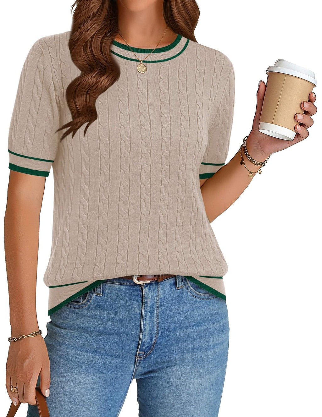 Zeagoo Cable Short Sleeve Sweaters for Women Summer Spring Cute Tops 2026 Trendy Business Causal Outfits Work Blouses Clothes