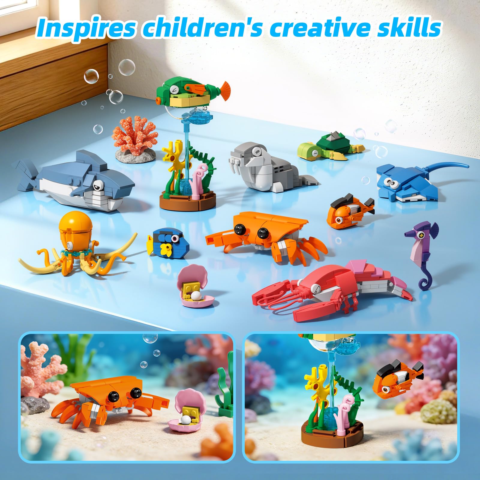 Wise Block Ocean World Building Set, 556 Pcs Sea Animals Building Toy, Educational STEM Learning Toys Party Favors for Girls Boys, Ages 4+, Birthday Gift Toddler Beach Toy with Shark, Turtle, Fish