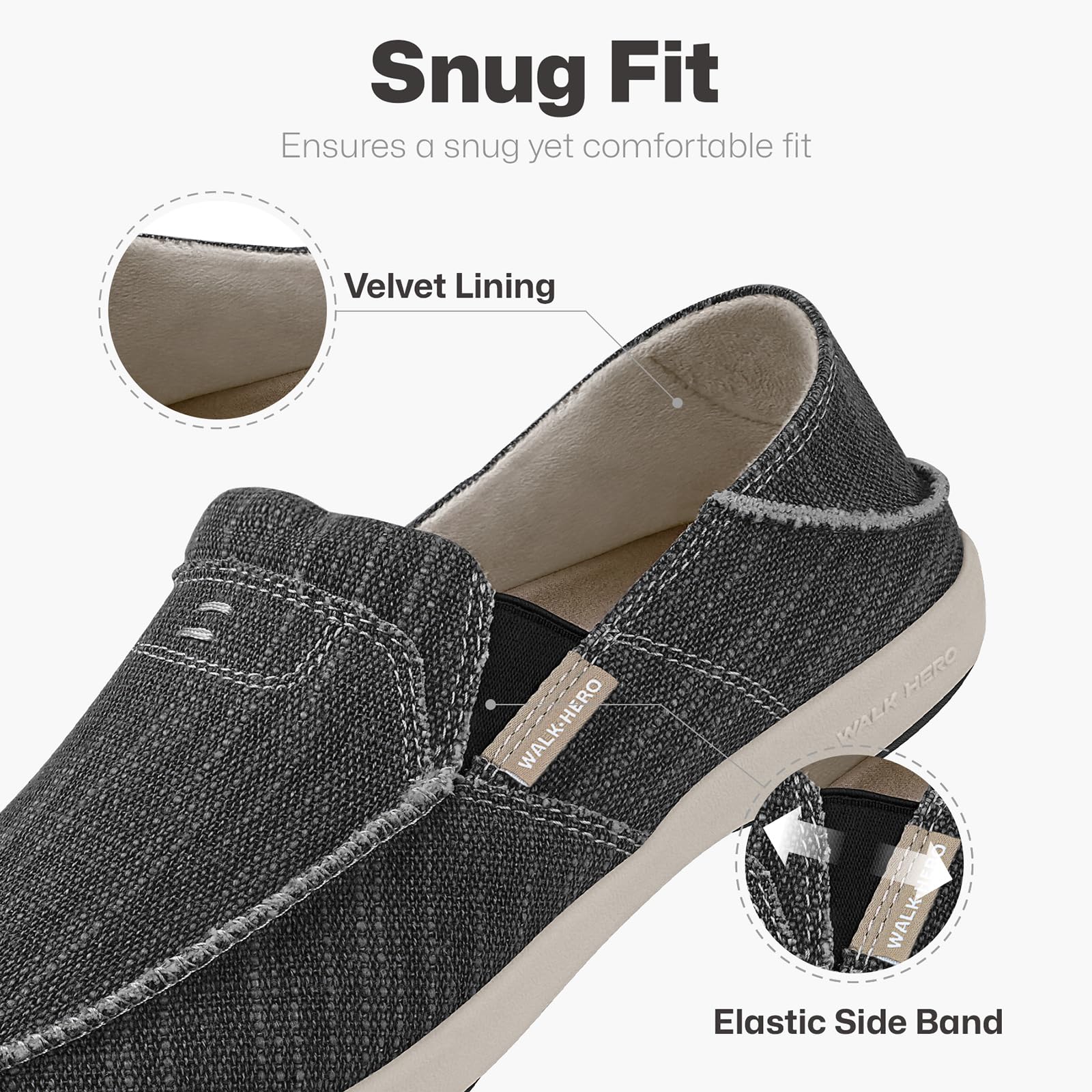 Mens Slip On Shoes, Canvas Mens Loafers with Arch Support, Orthopedic Mens Boat Shoes for Plantar Fasciitis, Indoor & Outdoor Walking Slippers Shoes for Pain Relief (9.5, Black)
