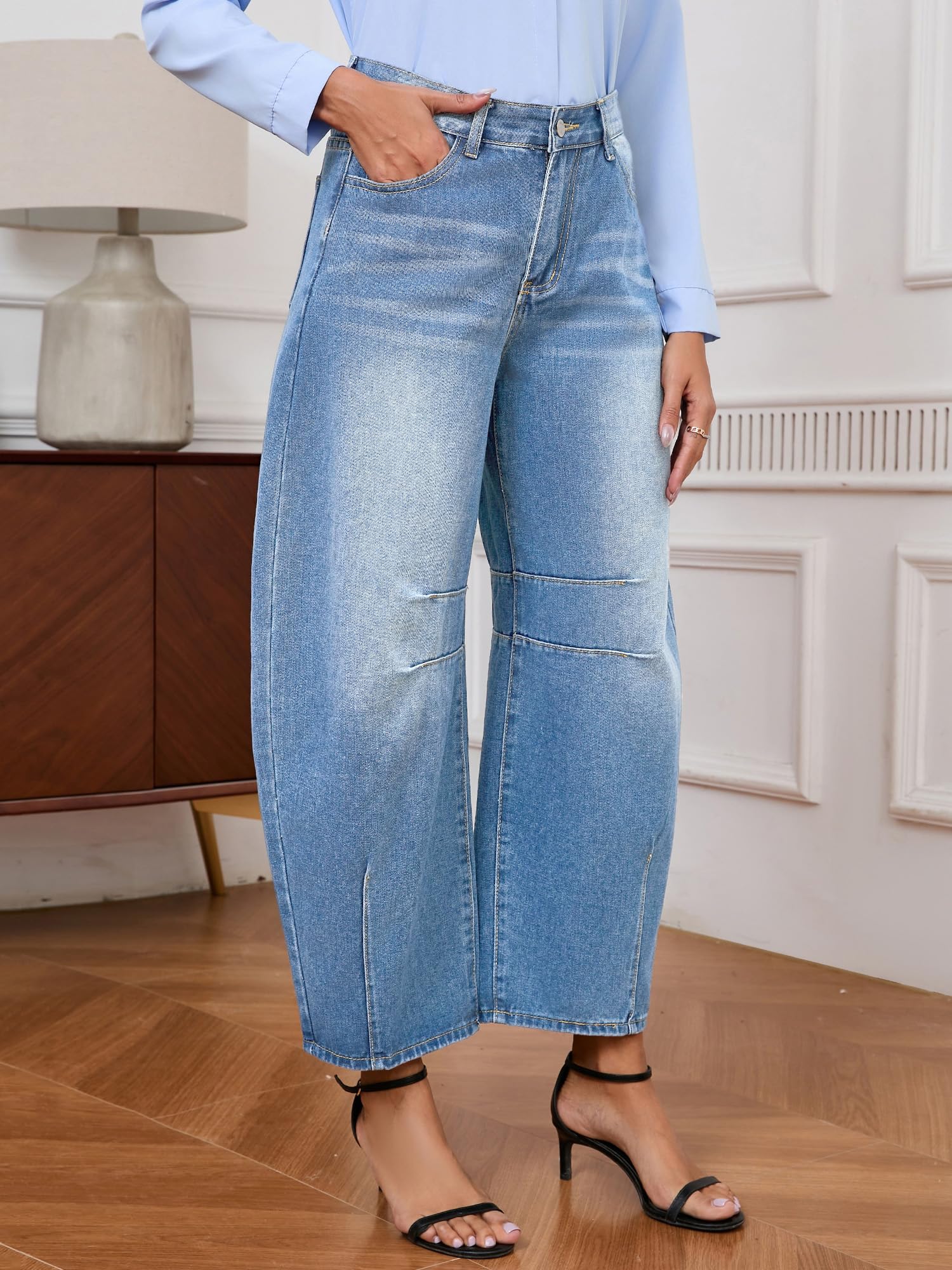 BubFee Barrel Jeans for Women Baggy Boyfriend Jeans with Pockets (Light Blue X-Large)