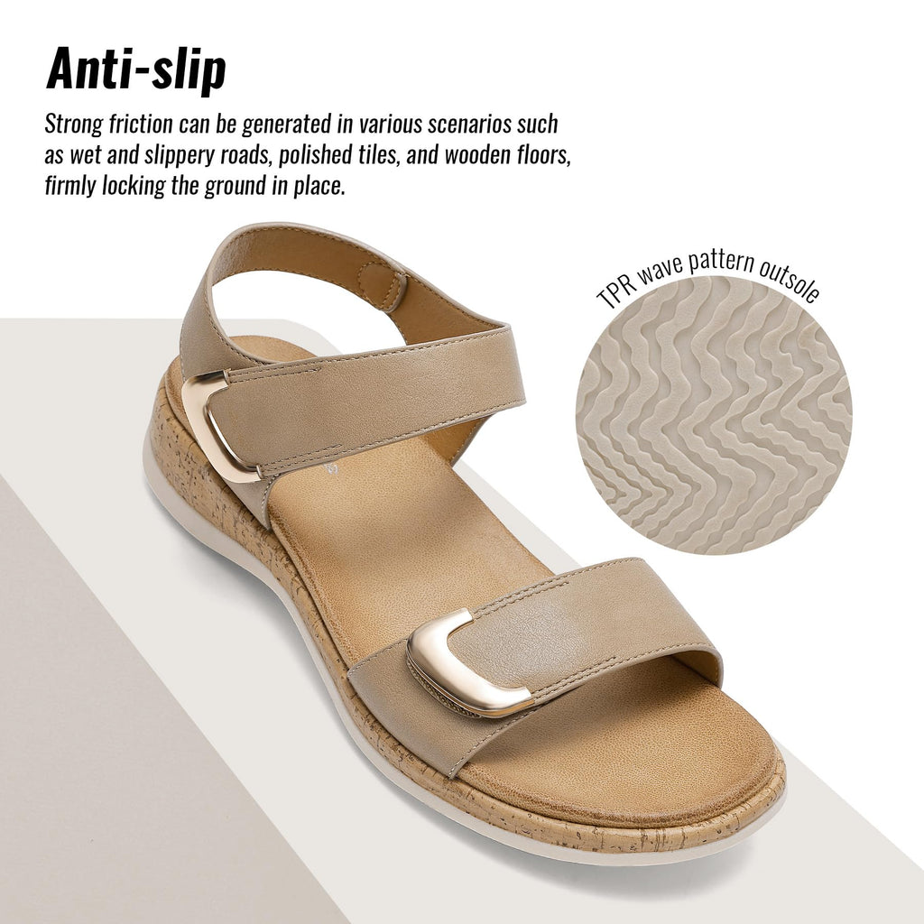 Littleplum Womens Sandals Arch Support Adjustable Comfy Flat Sandals for Women Summer Walking Shoes for Beach,Travel Khaki Size 6