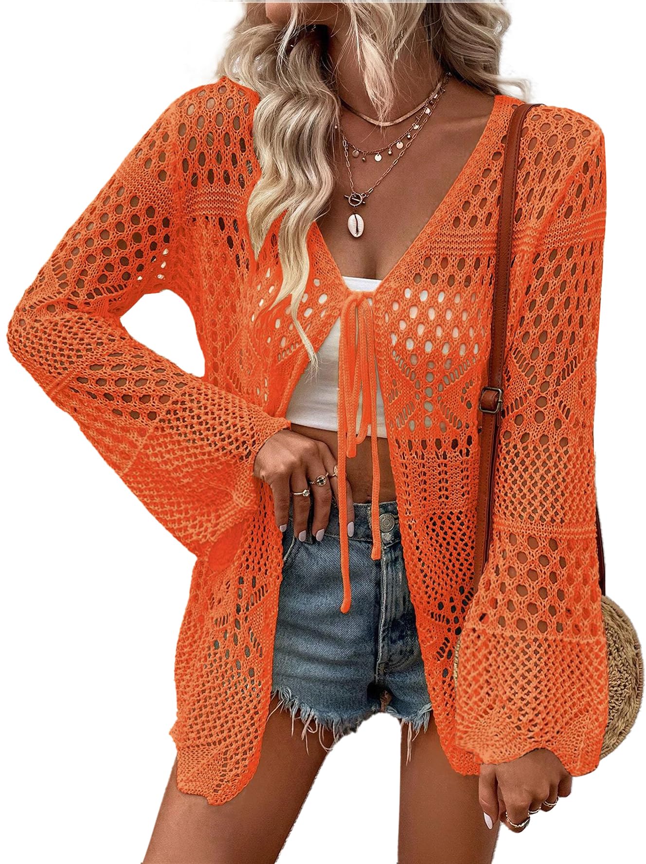 AI'MAGE Womens Kimono Beach Cover Up Crochet Swimsuit Coverups Summer Loose Knit Cardigans Causal Blouse Tops Swimwear Orange