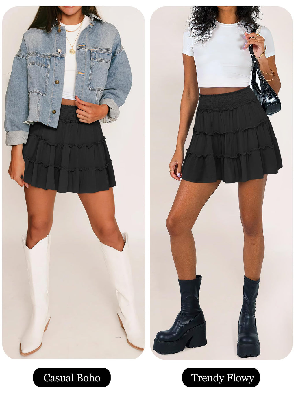 Caracilia Womens Summer Flowy Mini Skorts Skirts High Waist Ruffle Tiered Casual Cute Boho Beach Short Skirts Built-in Shorts Black Large