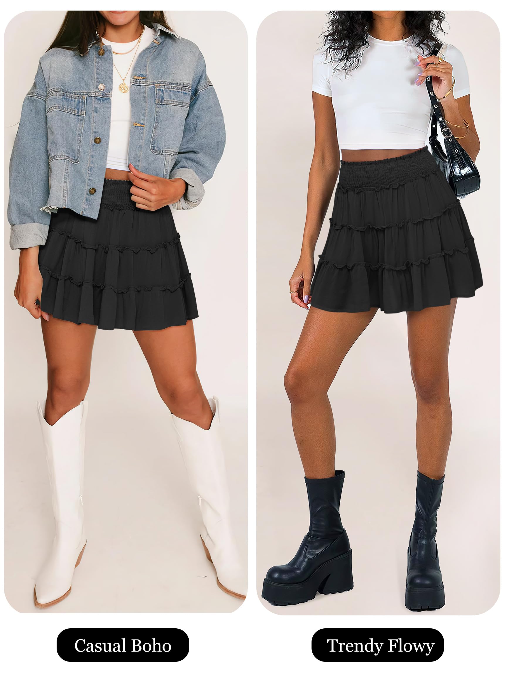 Caracilia Womens Summer Flowy Mini Skorts Skirts High Waist Ruffle Tiered Casual Cute Boho Beach Short Skirts Built-in Shorts Black Large