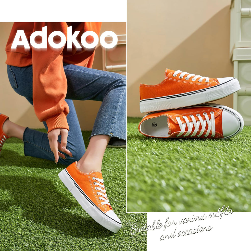 Adokoo Canvas Tennis Shoes for Women Low Top Casual White Black Sneakers for Women Lace Up Fashion Comfortable Walking Shoes (Orange,11)