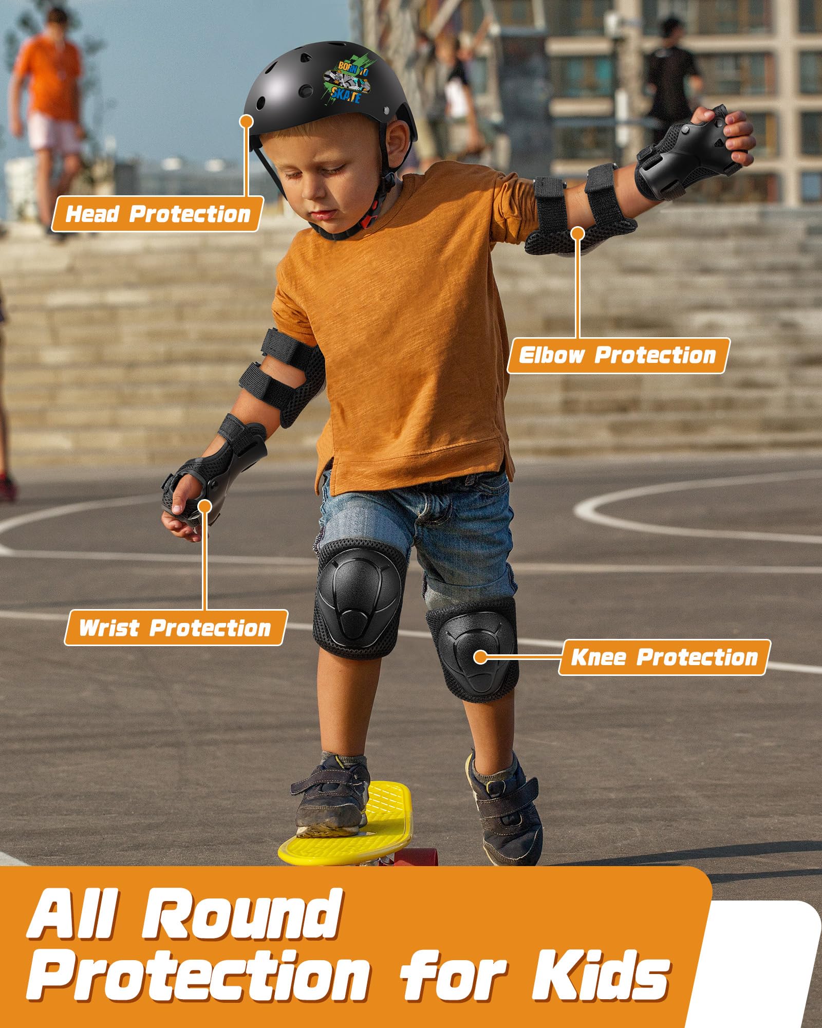 Kids Bike Helmet Set, Adjustable Helmet for Ages 3-10 Year Boys Girls, Pad Set with Knee and Elbow Pads for Bike, Roller, Skating, Scooter, Longboard and More Sports