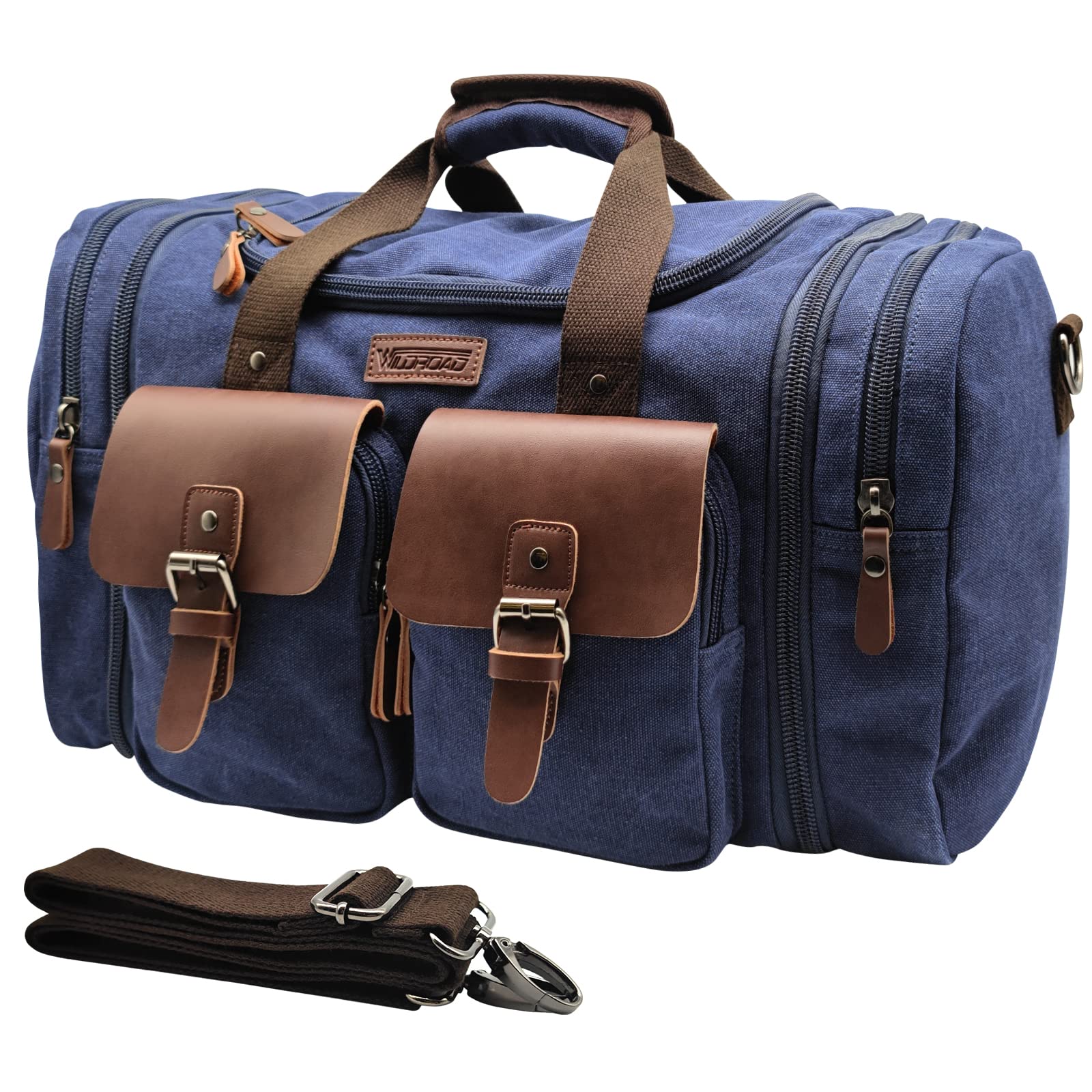 Wildroad 50L Travel Duffel Bag, Expandable Canvas Genuine Leather Duffle Bag Upgraded Overnight Weekender Carry on Bag