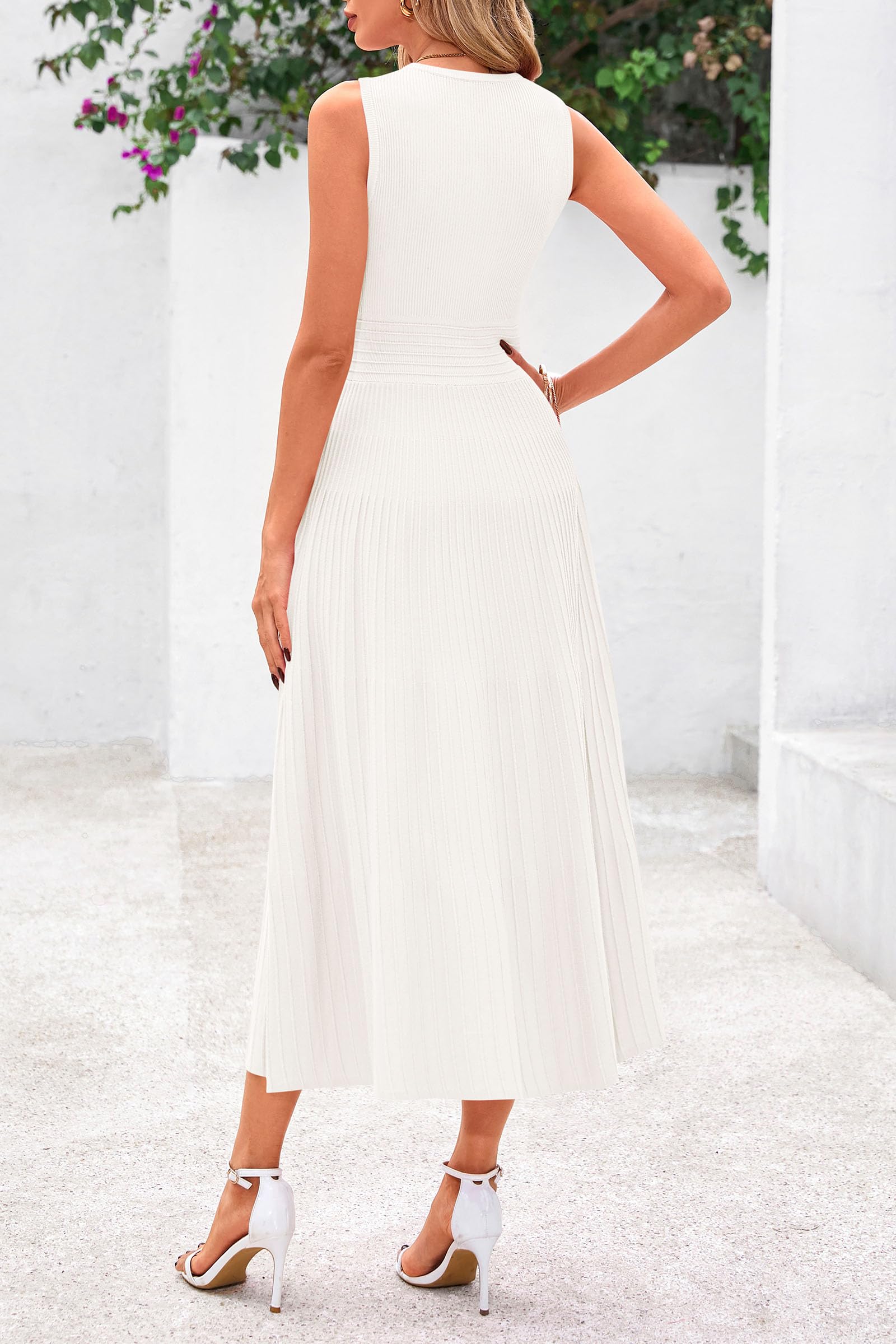 PRETTYGARDEN Spring Casual Dresses for Women 2025 Summer Business Work Midi Sleeveless A Line Pleated Cocktail Dress(White,Medium)