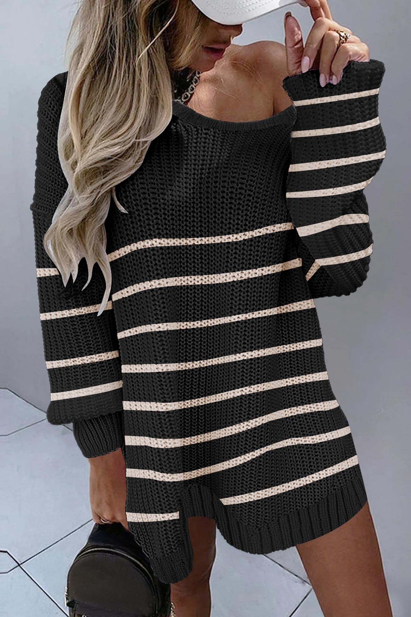 GUNEST Oversized Sweaters for Women Trendy Batwing Long Sleeve Chunky Crew Neck Cozy Knit Pullover Sweater Stripes Black L