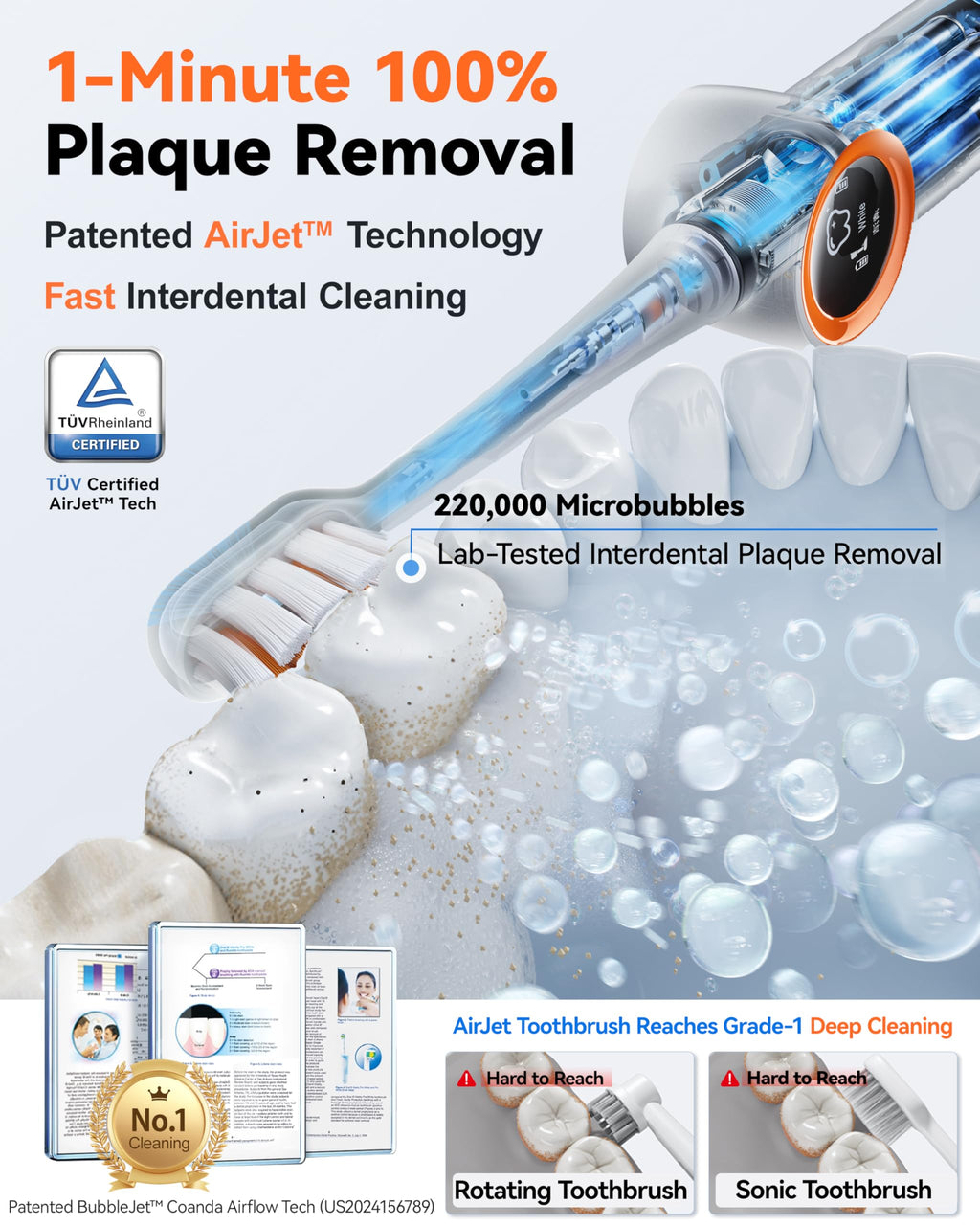 RANVOO AirJet™ [Max Jet Clean] [Vibrating & Flossing 2-in-1] Bubble Sonic Electric Toothbrush, Plaque Removal, White for Adult Protect Gum Teeth Clean Rechargeable Gift with 2 Soft Brush Heads Gray
