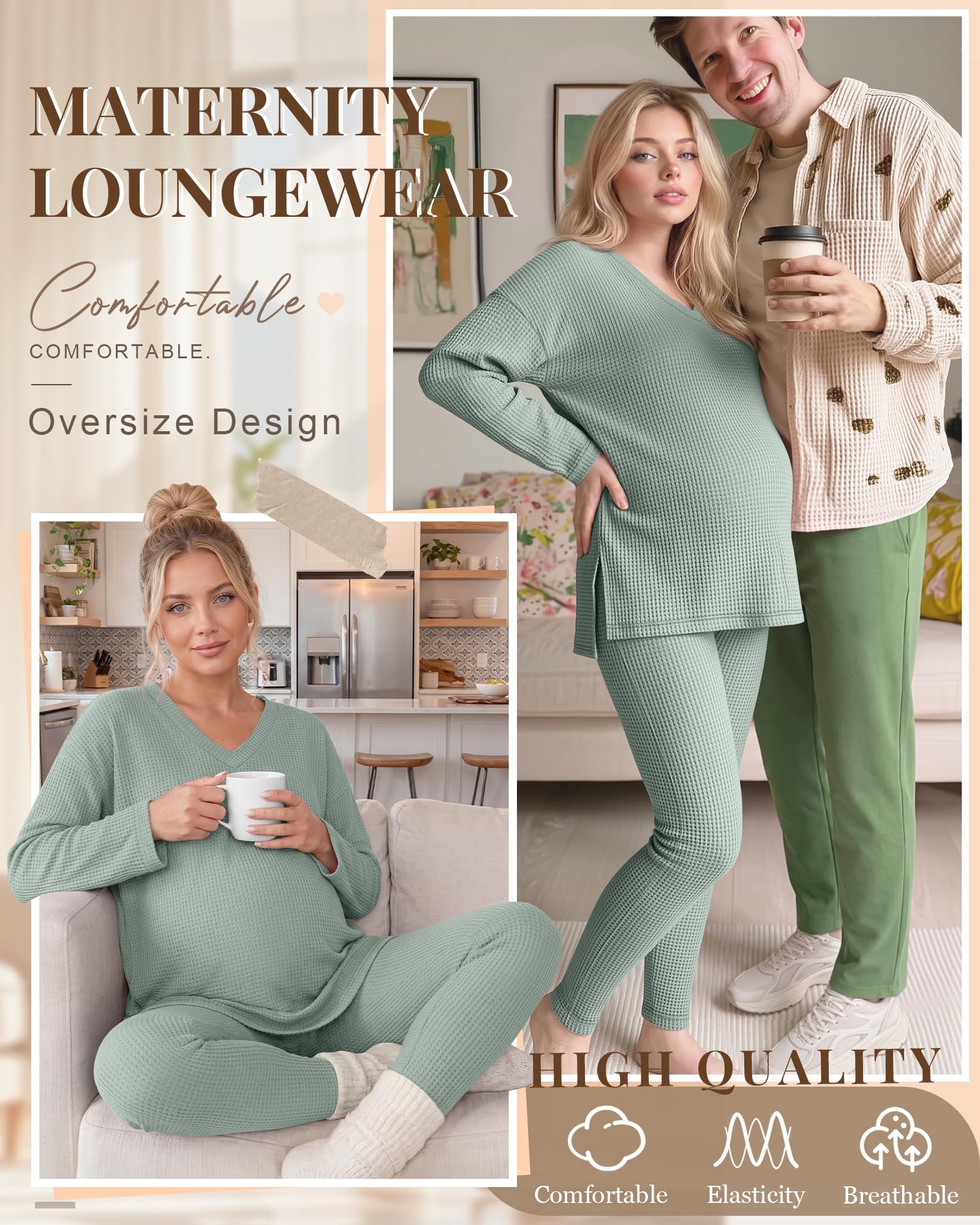 Huukeay Women's Maternity Lounge Set 2 Piece Outfits,Gray Green,Small