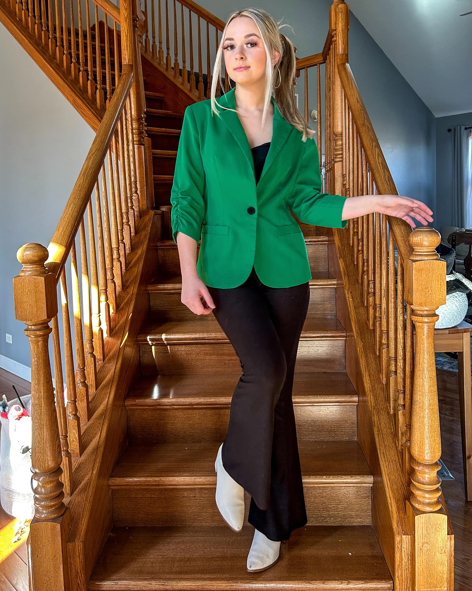 LookbookStore Women Blazer with Pockets 3/4 Sleeve Jacket Outfit Size L Green