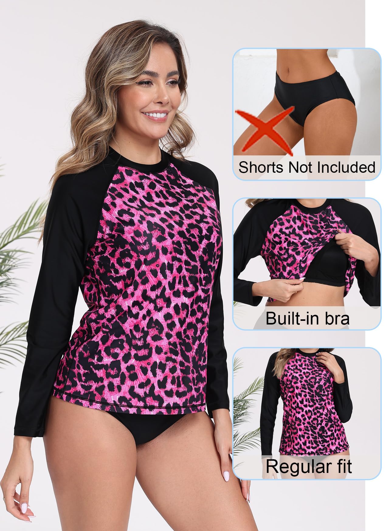 Halcurt Womens Long Sleeve Rash Guard Swim Shirts with Built in Bra UPF50+ Sun Protection Swimsuit Top Black Pink Leopard M