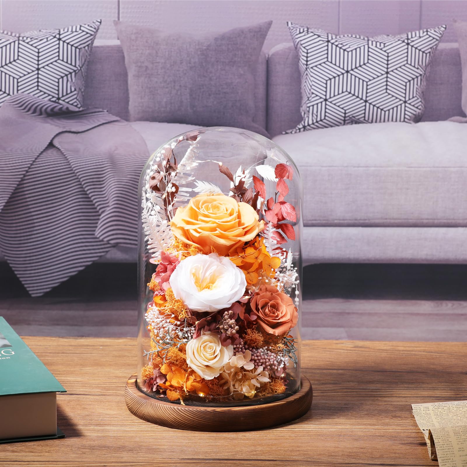 lovenfold Flowers for Delivery Prime Preserved Flowers Rose in Glass Dome,Orange Rose Forever Flowers Birthday Gifts for Women Mom Grandma Friend Thanksgiving Gifts for Her,Home Decor