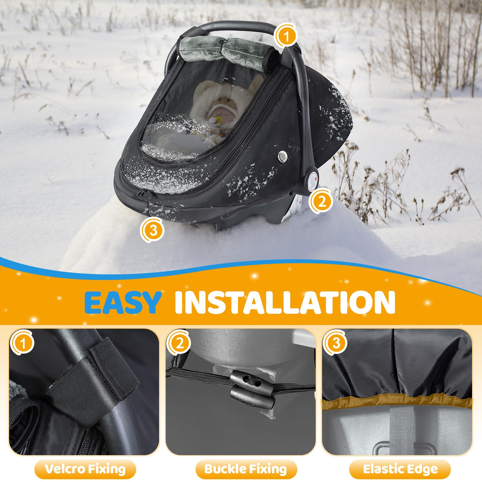 IvyWind Baby Car Seat Cover, Universal Winter Carseat Cover for Babies with Breathable Mesh Window, Cozy and Warm Infant Car Seat Covers for Cold Weather, Kick-Proof Carseat Canopy for Boy Girl, Black