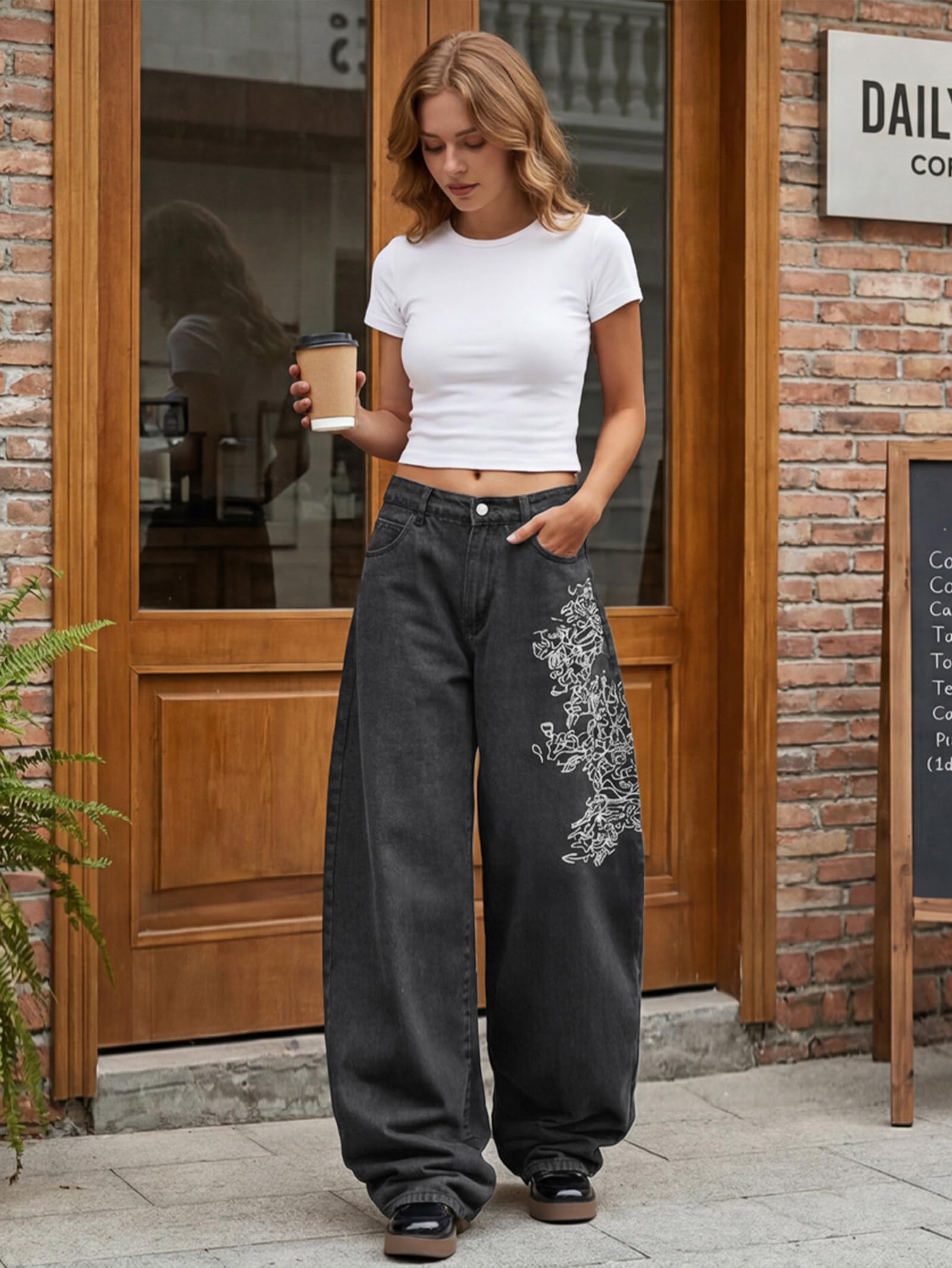 EMMIOL Women Boyfriends Hip Hop 90s Vintage Baggy Jeans Mid Waist Jeans Loose Denim Pants