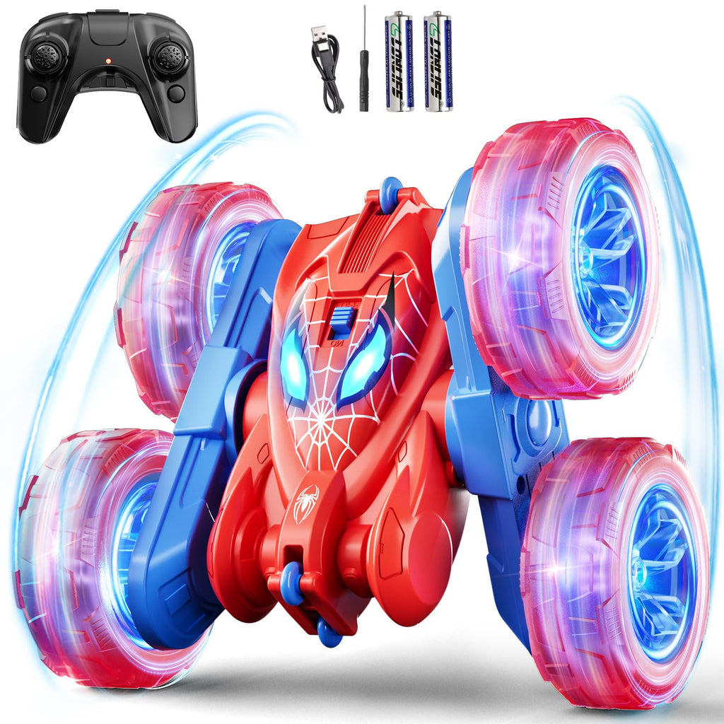 Spider Remote Control Car, 360° Stunt RC Cars for Kids Ages 6-12 Double-Sided Rotation, 4WD Cool Wheel Lights&2.4GHz Control; Rechargeable Electric Race Car Toys Gift for Boys Girls (Red&Blue)