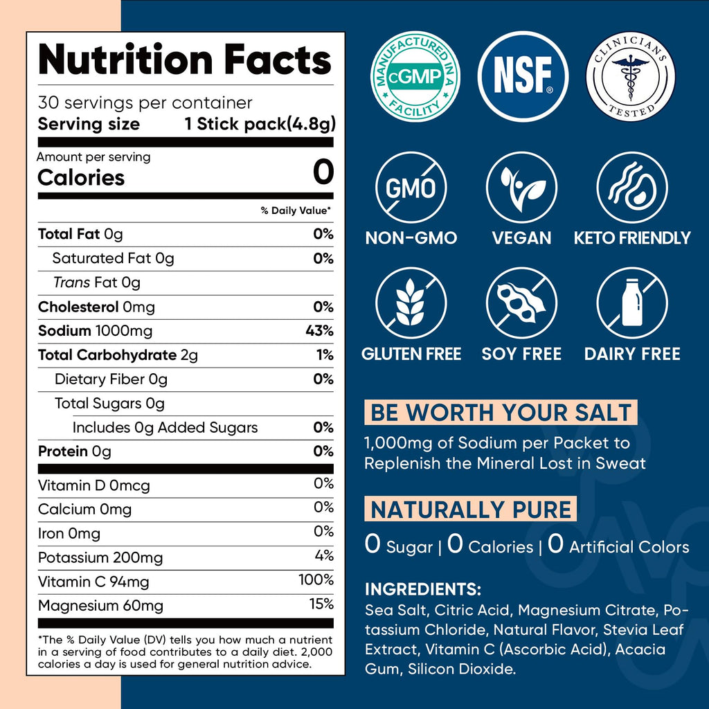 Venture Pal High Sodium Sugar Free Electrolytes Powder Packet - Hydration Packets with Vitamin, Sodium & Potassium | Zero Calories | Vegan, Keto & Paleo Friendly Electrolyte Drink Mix - 30 Sticks