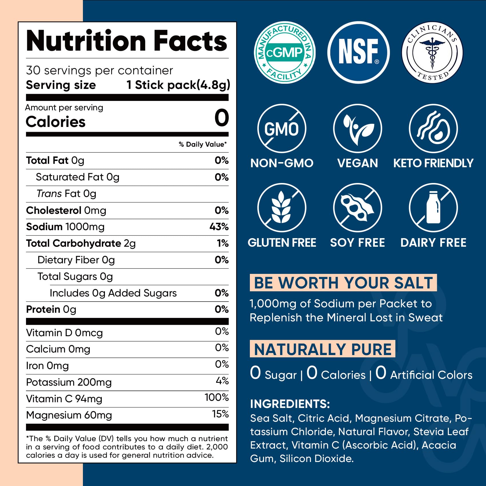 Venture Pal High Sodium Sugar Free Electrolytes Powder Packet - Hydration Packets with Vitamin, Sodium & Potassium | Zero Calories | Vegan, Keto & Paleo Friendly Electrolyte Drink Mix - 30 Sticks