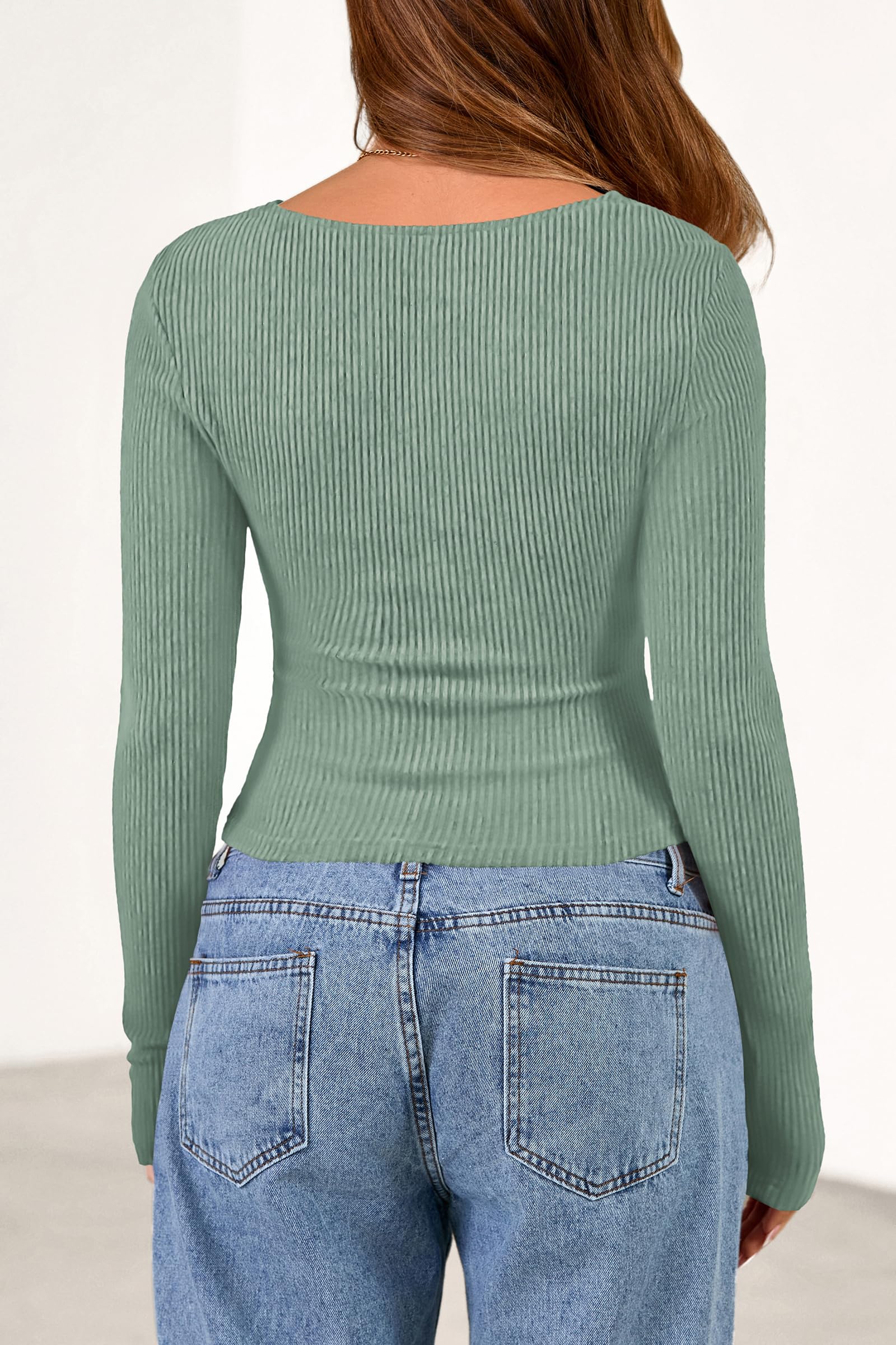 PRETTYGARDEN Women's Long Sleeve Cowl Neck Ribbed Knit Spring Shirts Slim Fit Ruched Going Out Crop Tops Basic T-Shirts(Bean Green,X-Large)